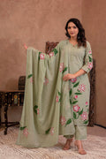 Juniper Mint Cotton Slub Floral Printed Kurta-Pant & Dupatta Set With Lace, Sequins & Bead Work