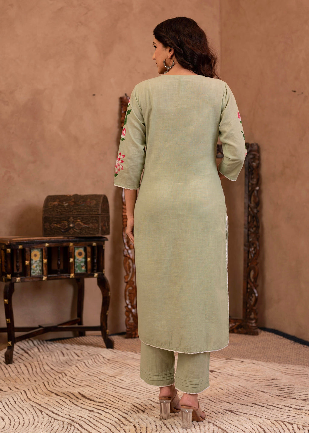 Juniper Mint Cotton Slub Floral Printed Kurta-Pant & Dupatta Set with Lace, Sequins & Bead Work
