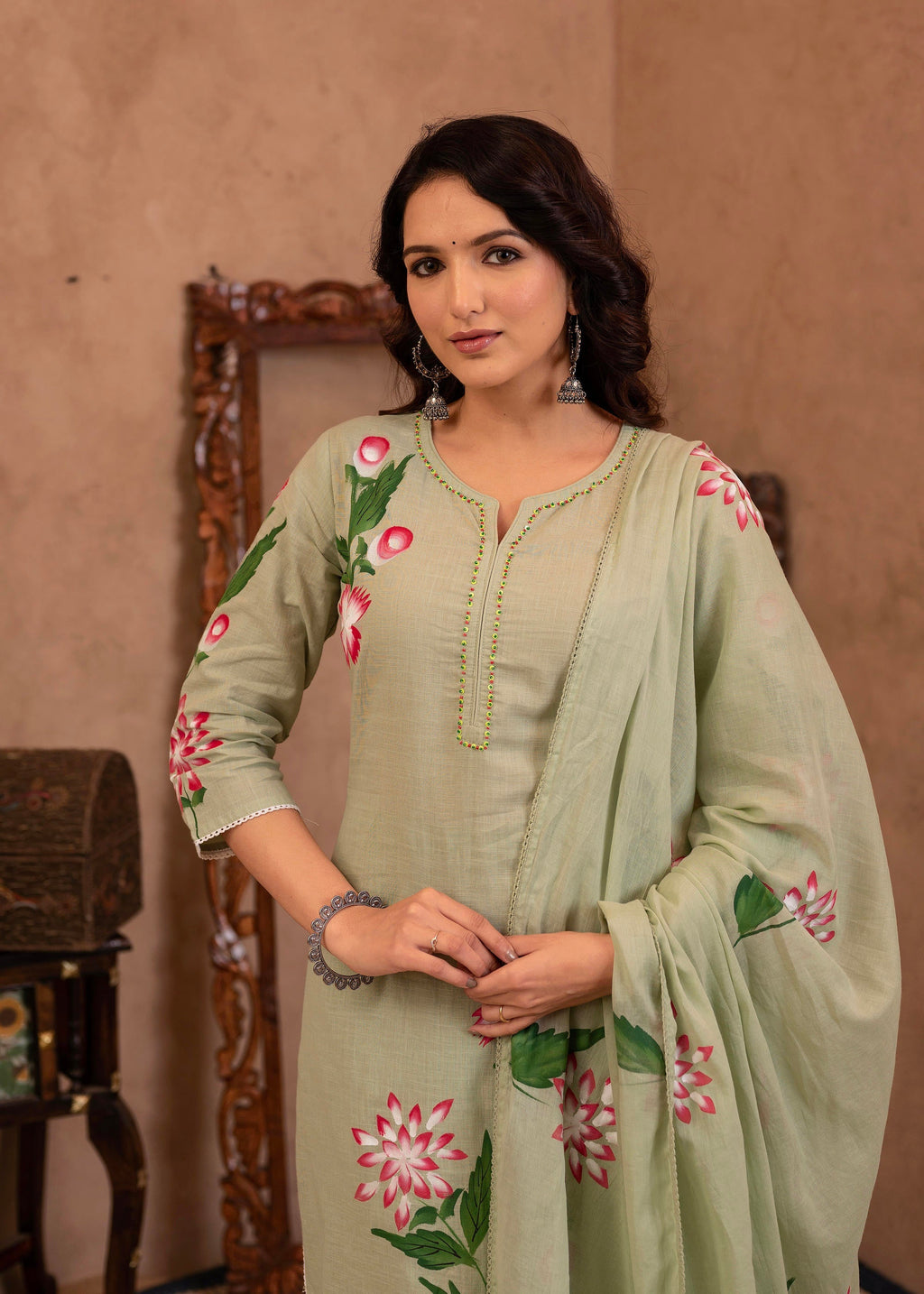 Juniper Mint Cotton Slub Floral Printed Kurta-Pant & Dupatta Set with Lace, Sequins & Bead Work
