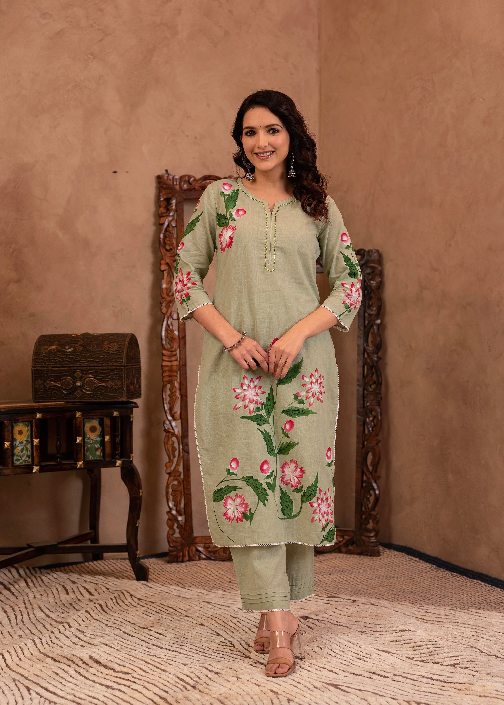 Juniper Mint Cotton Slub Floral Printed Kurta-Pant & Dupatta Set with Lace, Sequins & Bead Work