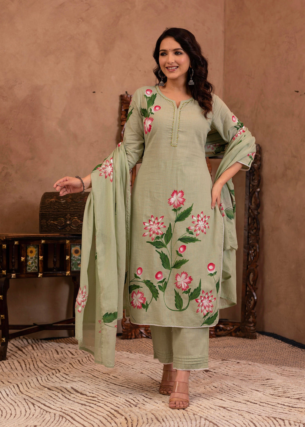 Juniper Mint Cotton Slub Floral Printed Kurta-Pant & Dupatta Set with Lace, Sequins & Bead Work