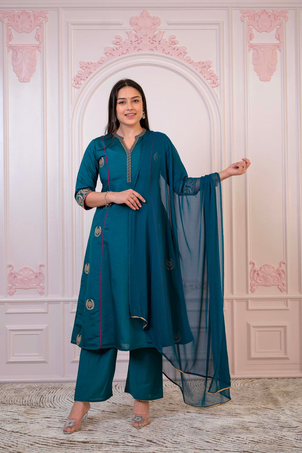 Juniper Teal Festive Kurta Set with Pant & Chiffon Dupatta – Sequin & Zari Detailing