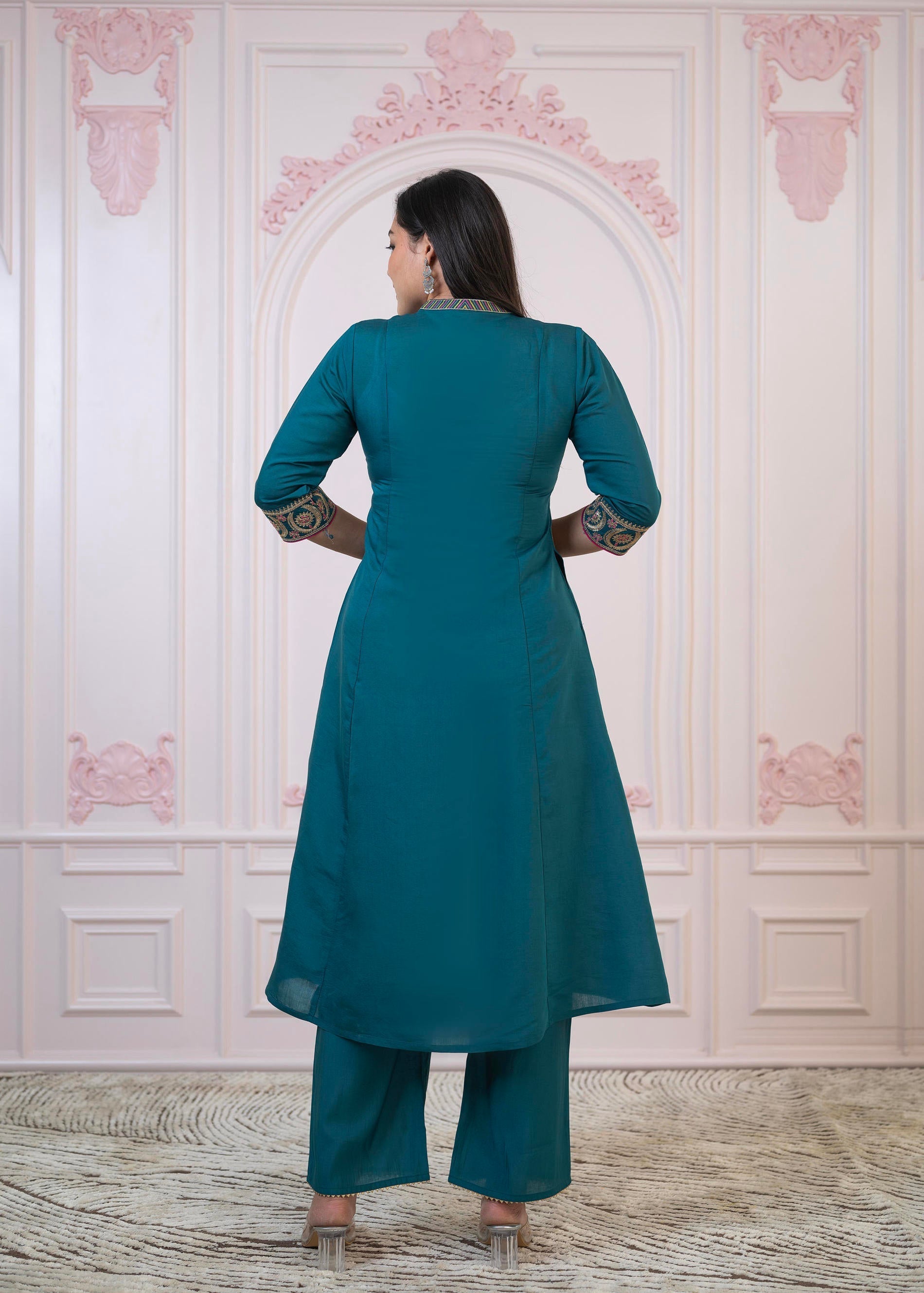 Juniper Teal Festive Kurta Set with Pant & Chiffon Dupatta – Sequin & Zari Detailing