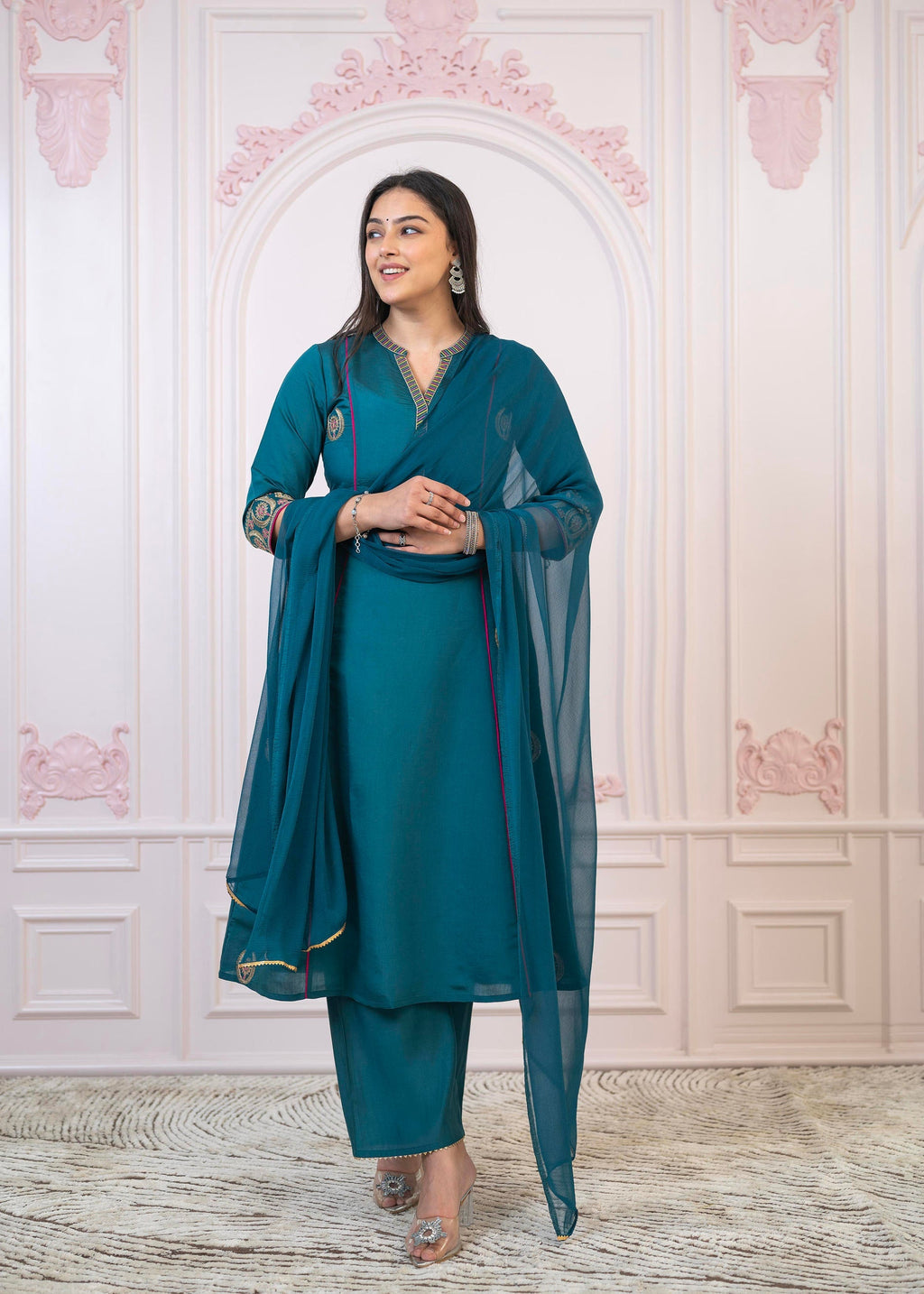Juniper Teal Festive Kurta Set with Pant & Chiffon Dupatta – Sequin & Zari Detailing