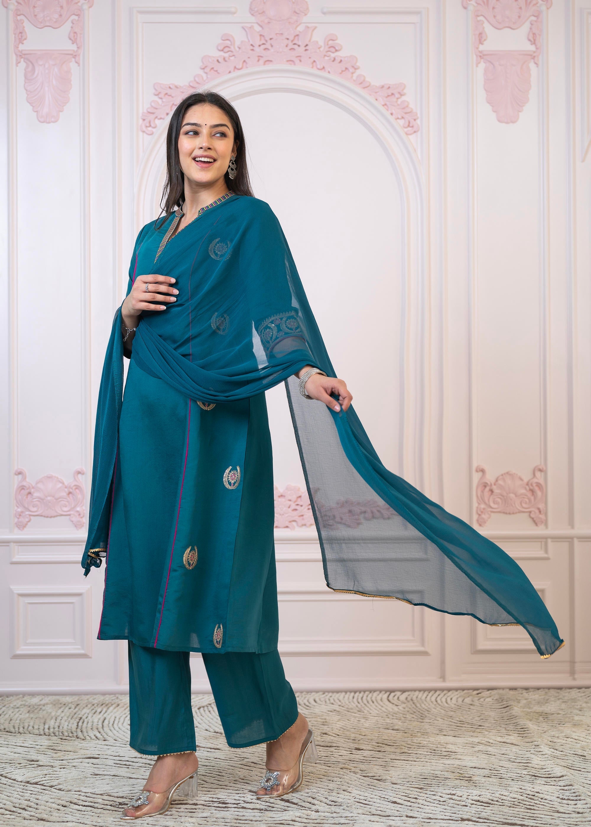 Juniper Teal Festive Kurta Set with Pant & Chiffon Dupatta – Sequin & Zari Detailing