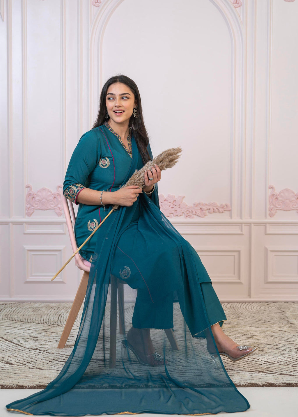 Juniper Teal Festive Kurta Set with Pant & Chiffon Dupatta – Sequin & Zari Detailing
