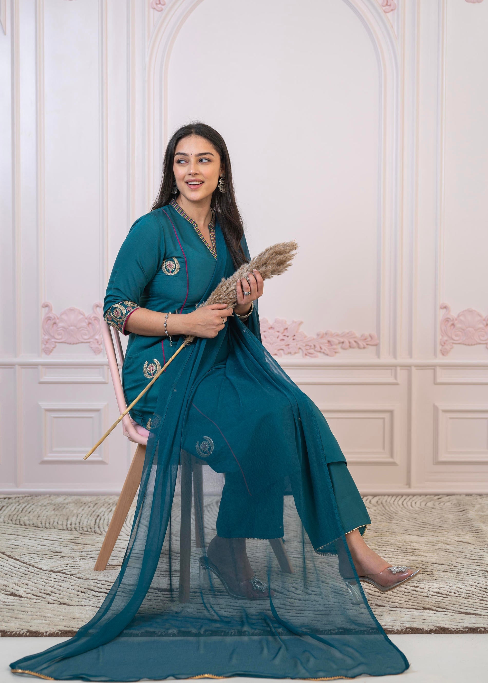 Juniper Teal Festive Kurta Set with Pant & Chiffon Dupatta – Sequin & Zari Detailing