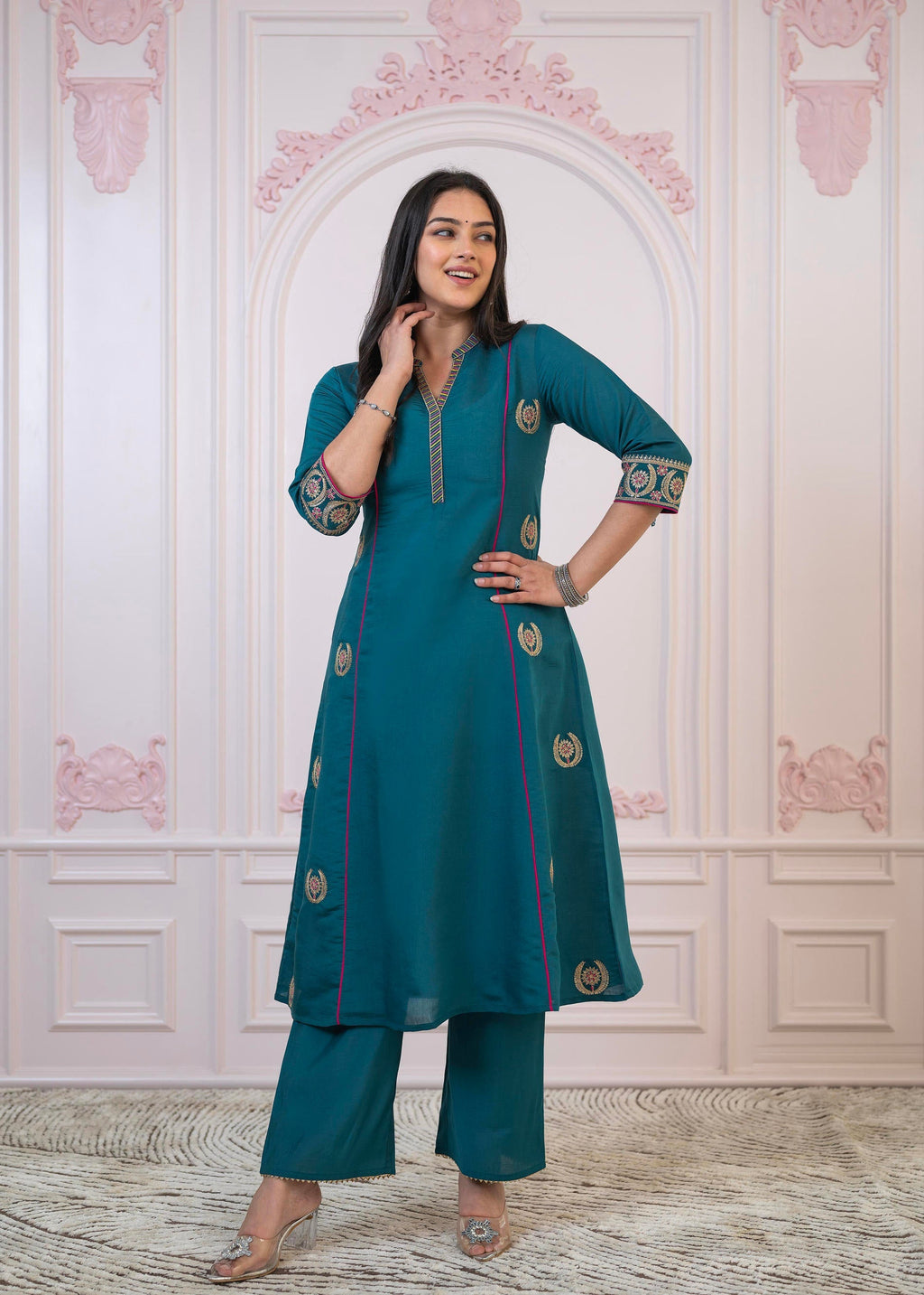 Juniper Teal Festive Kurta Set with Pant & Chiffon Dupatta – Sequin & Zari Detailing