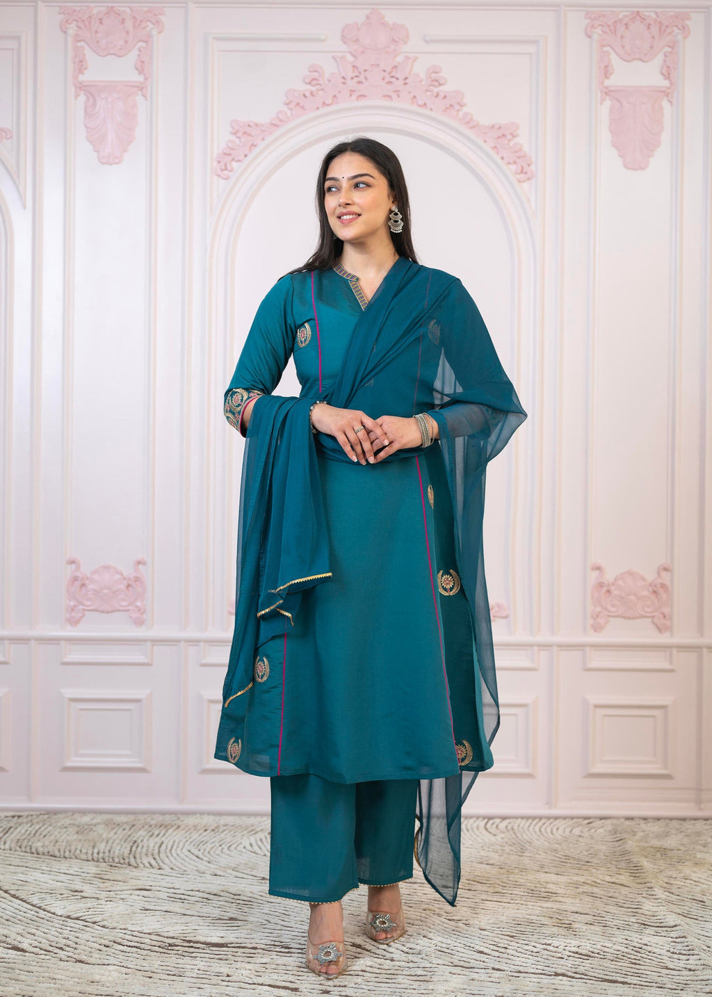Juniper Teal Festive Kurta Set with Pant & Chiffon Dupatta – Sequin & Zari Detailing