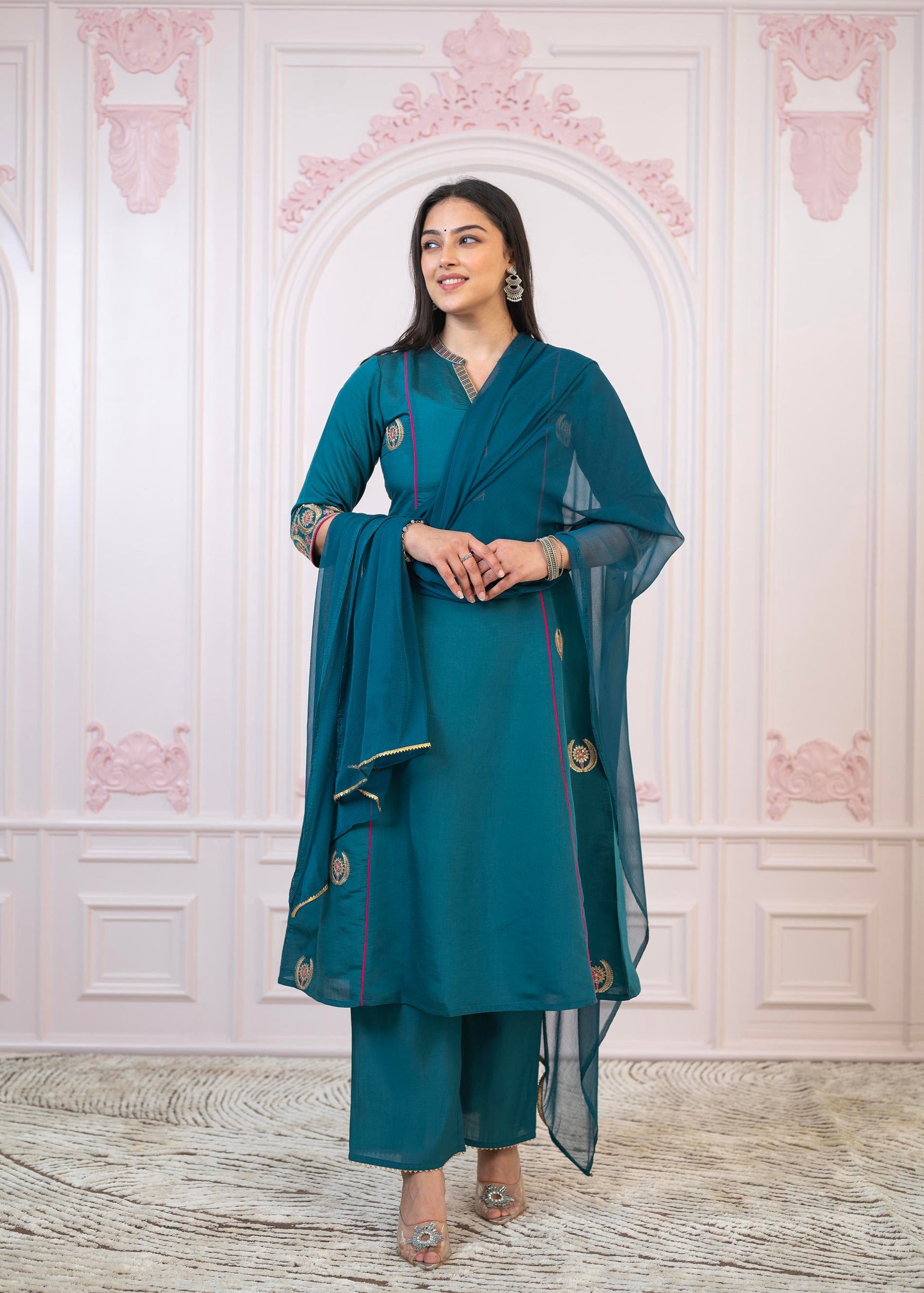 Juniper Teal Festive Kurta Set with Pant & Chiffon Dupatta – Sequin & Zari Detailing