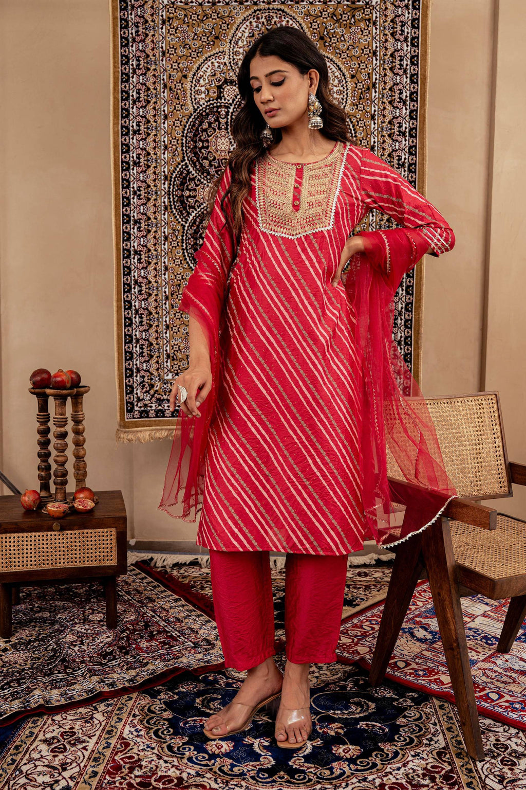 Juniper Maroon Bandhej Print Kurta Set with Embroidered Yoke and Net Dupatta