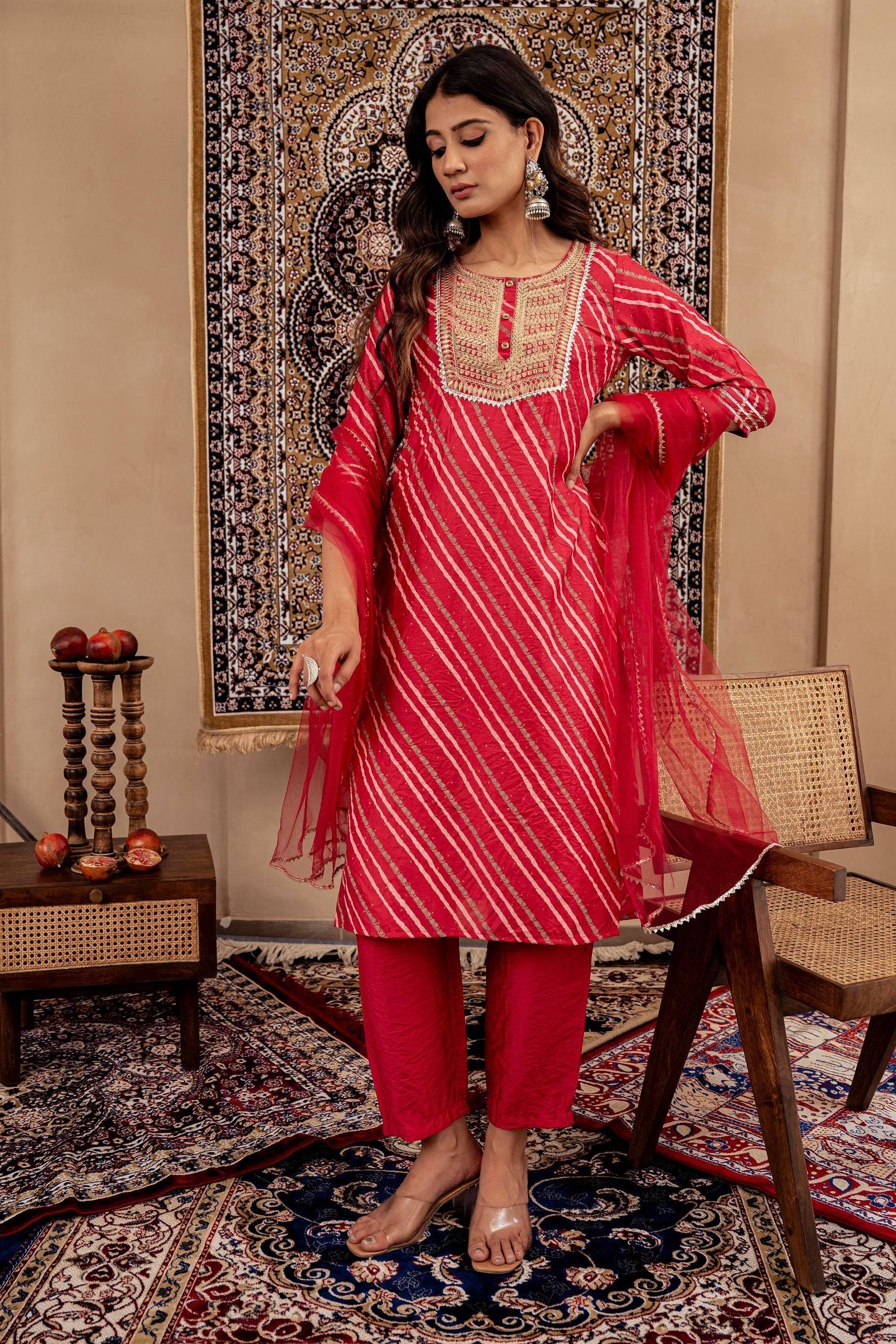 Juniper Maroon Bandhej Print Kurta Set with Embroidered Yoke and Net Dupatta