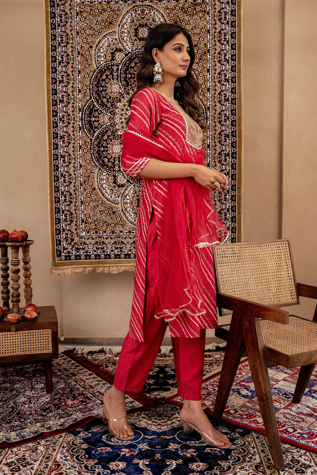 Juniper Maroon Bandhej Print Kurta Set with Embroidered Yoke and Net Dupatta