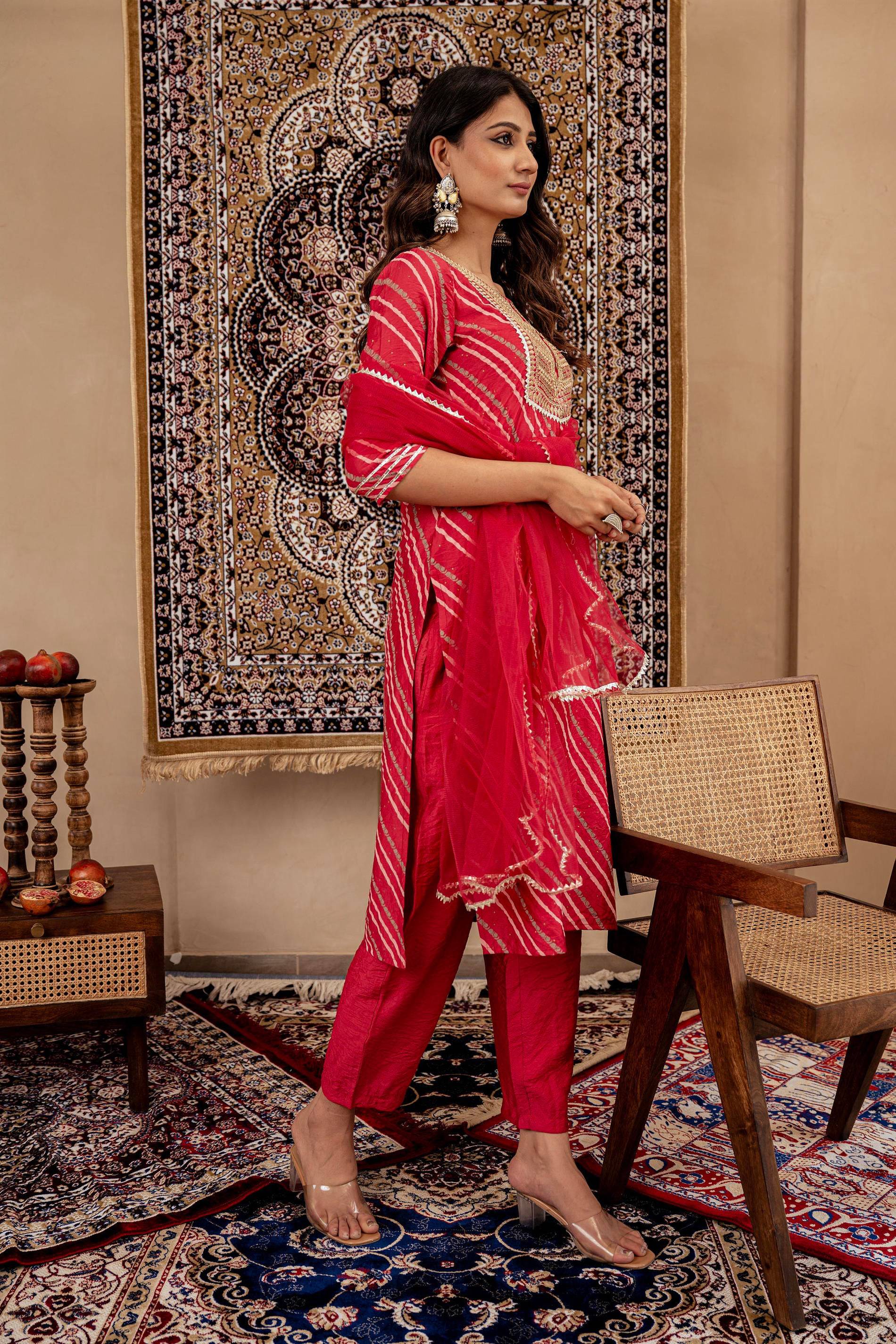 Juniper Maroon Bandhej Print Kurta Set with Embroidered Yoke and Net Dupatta