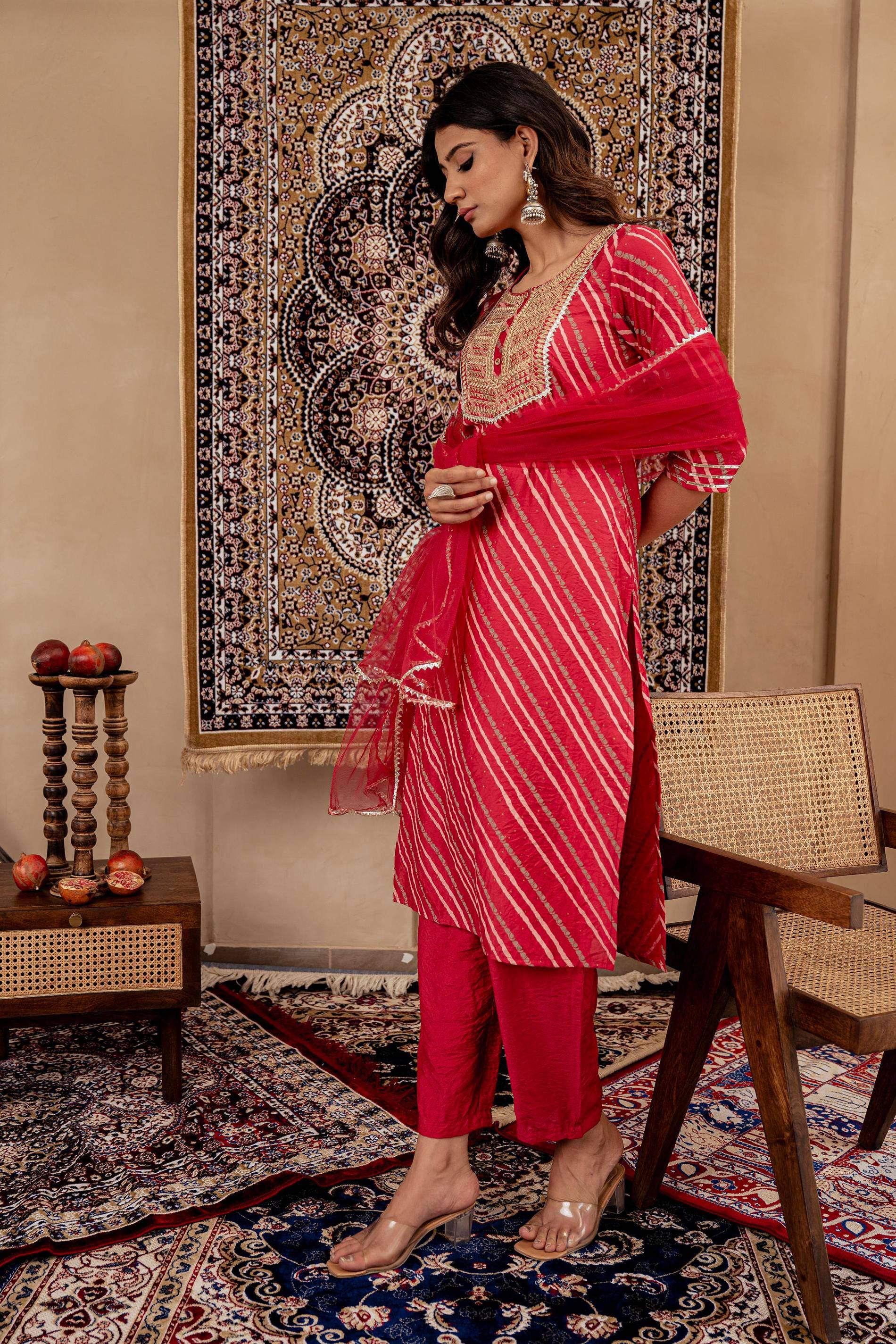 Juniper Maroon Bandhej Print Kurta Set with Embroidered Yoke and Net Dupatta