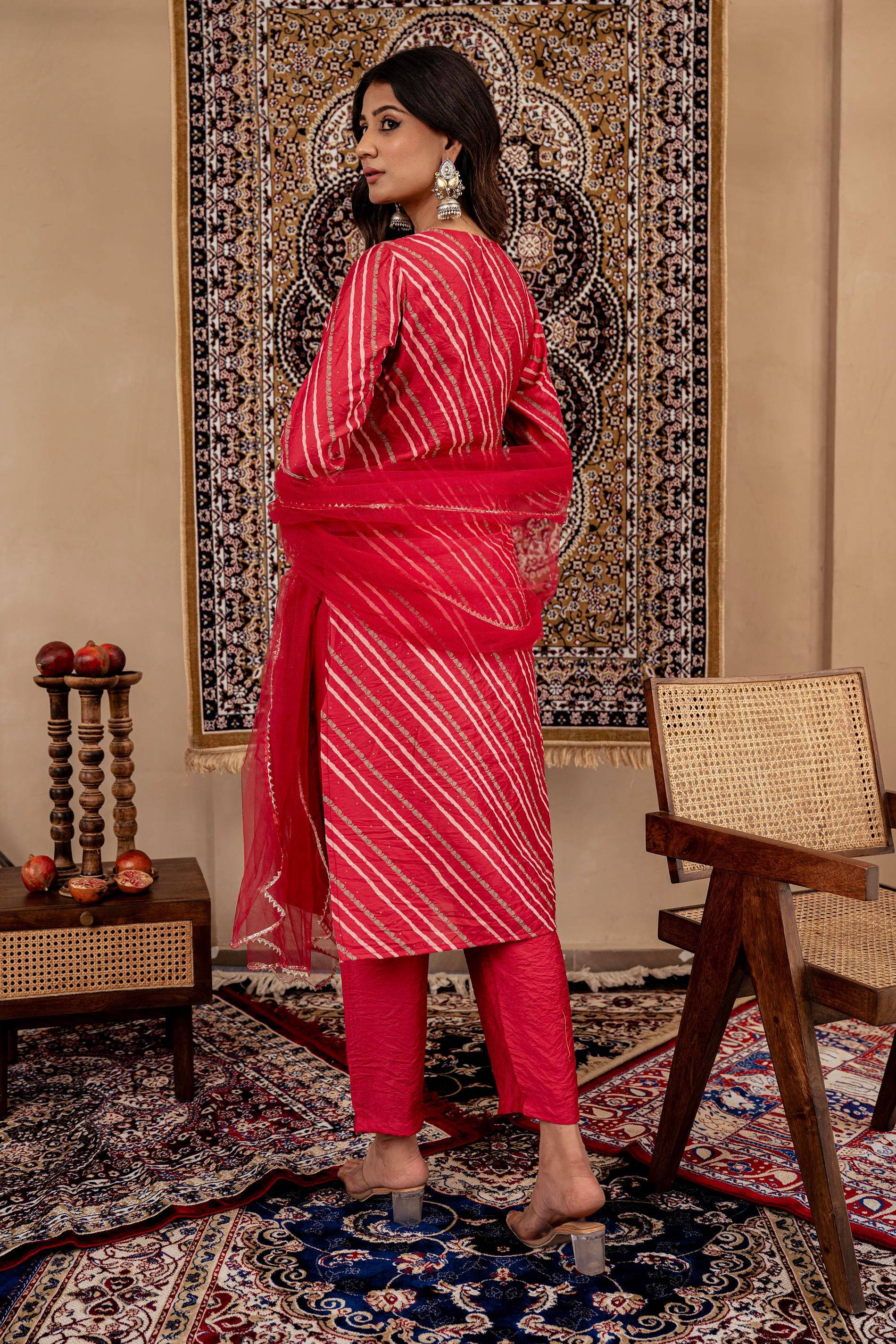 Juniper Maroon Bandhej Print Kurta Set with Embroidered Yoke and Net Dupatta