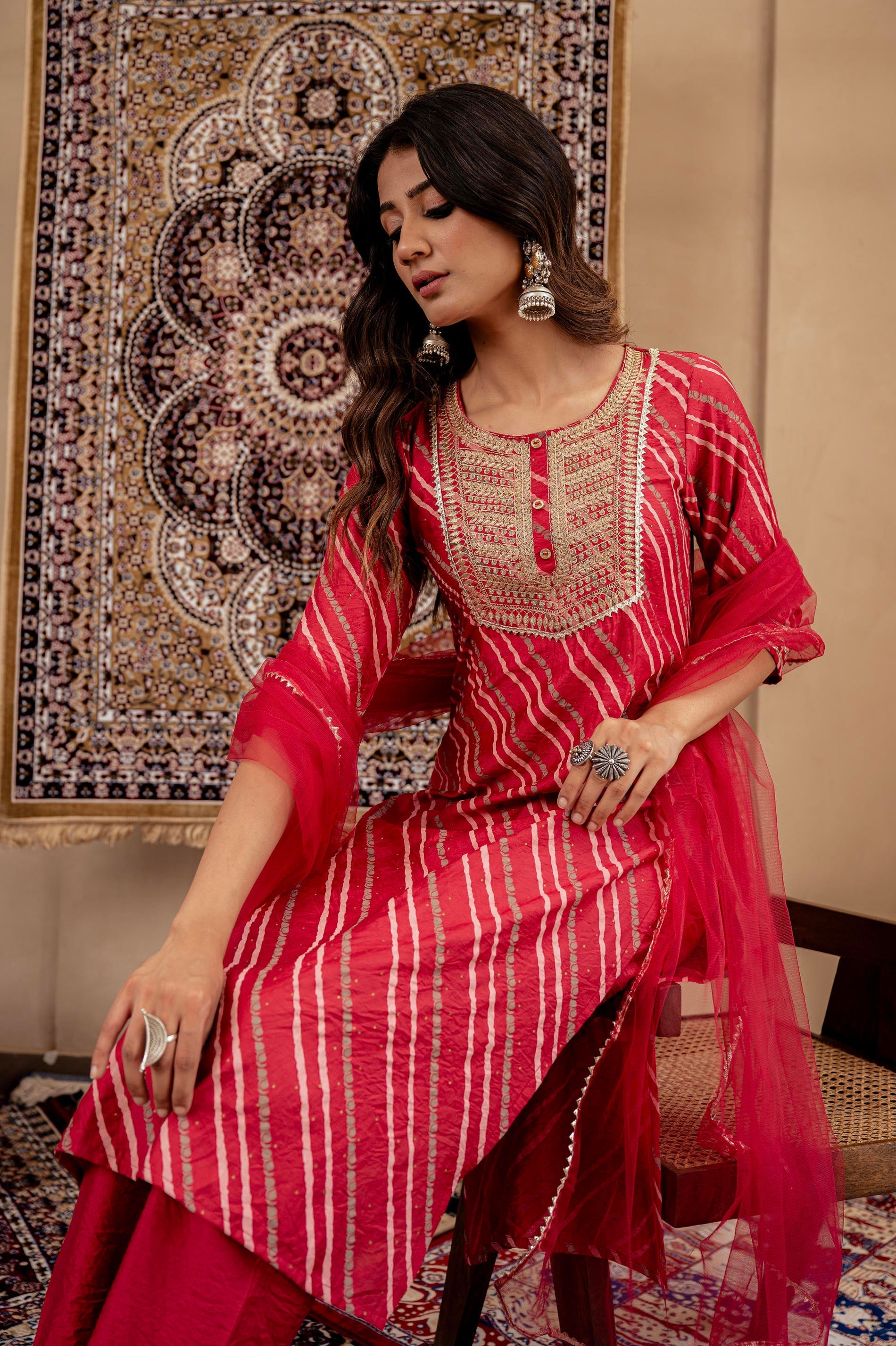 Juniper Maroon Bandhej Print Kurta Set with Embroidered Yoke and Net Dupatta