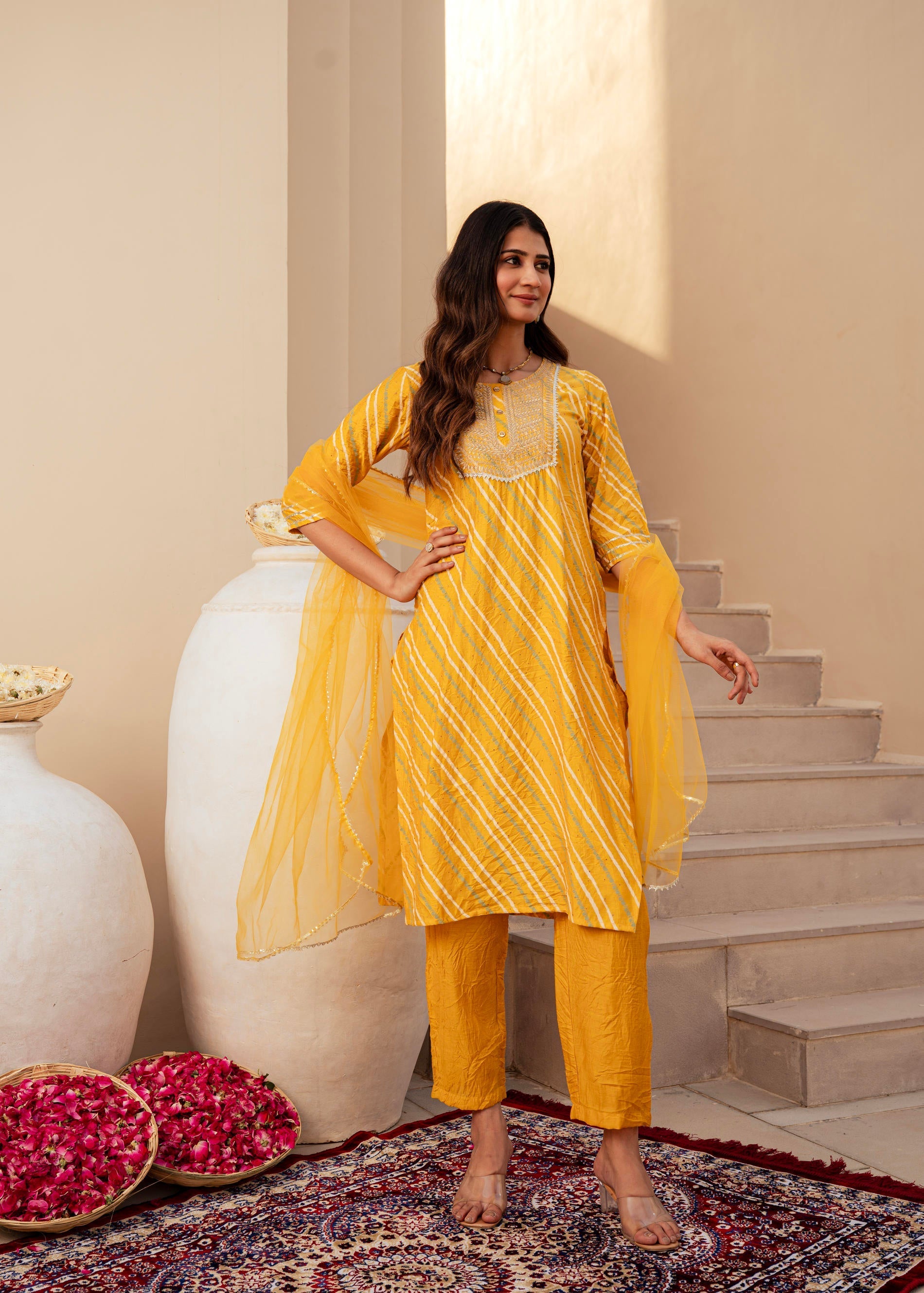 Juniper Yellow Bandhej Print Kurta Set with Embroidered Yoke and Net Dupatta