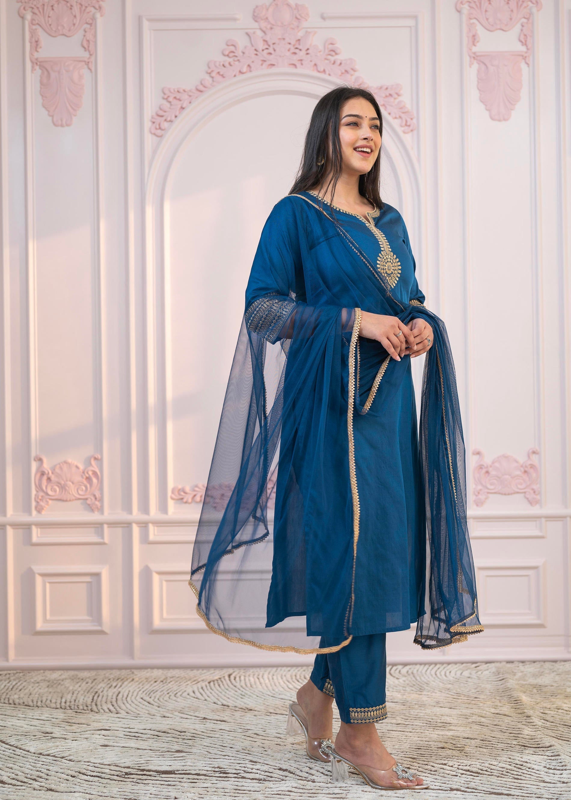 Juniper Royal Blue Embellished Kurta Set with Net Dupatta and Mirror Embroidery