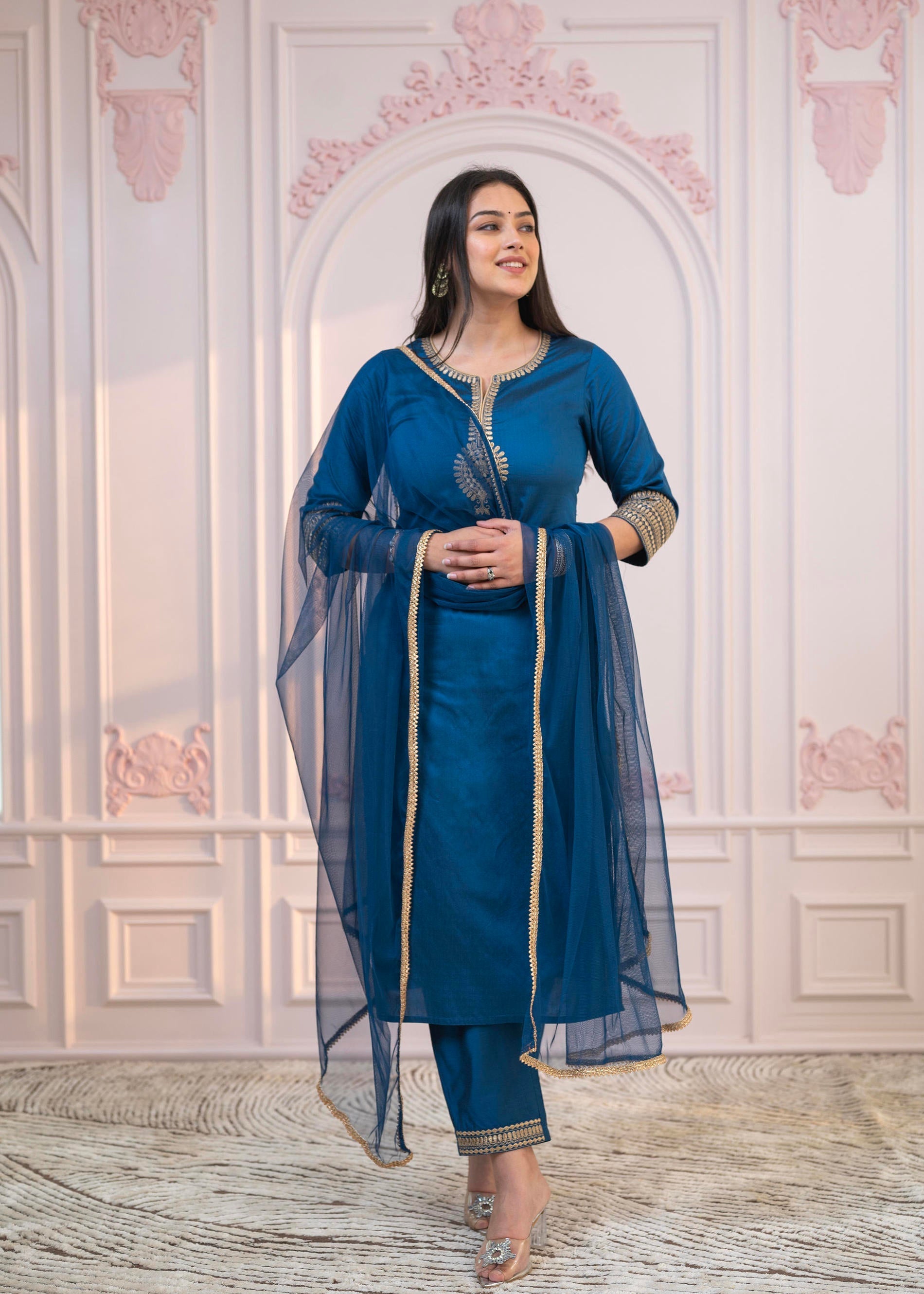 Juniper Royal Blue Embellished Kurta Set with Net Dupatta and Mirror Embroidery