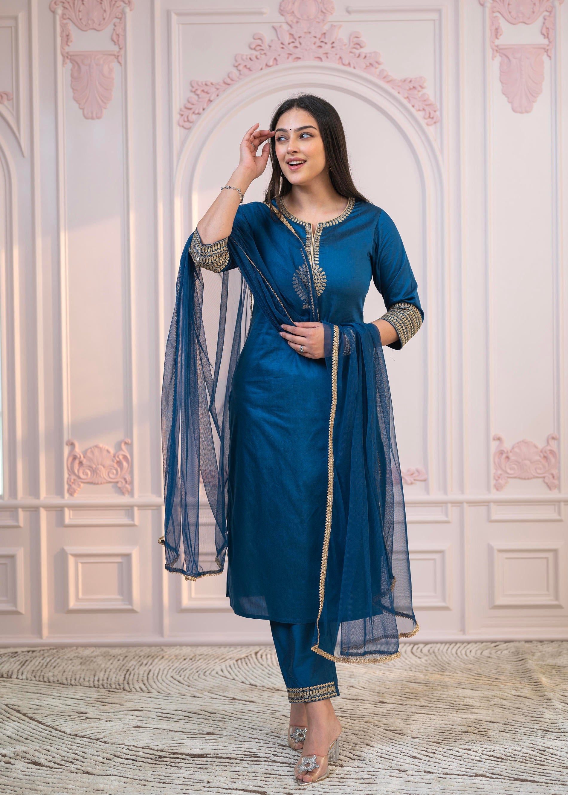 Juniper Royal Blue Embellished Kurta Set with Net Dupatta and Mirror Embroidery