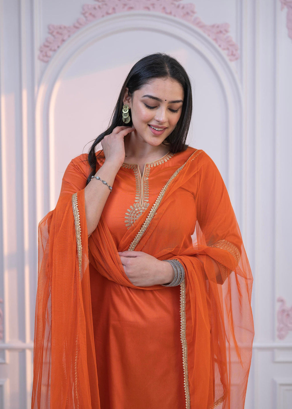Juniper Orange Embellished Kurta Set with Net Dupatta and Mirror Embroidery
