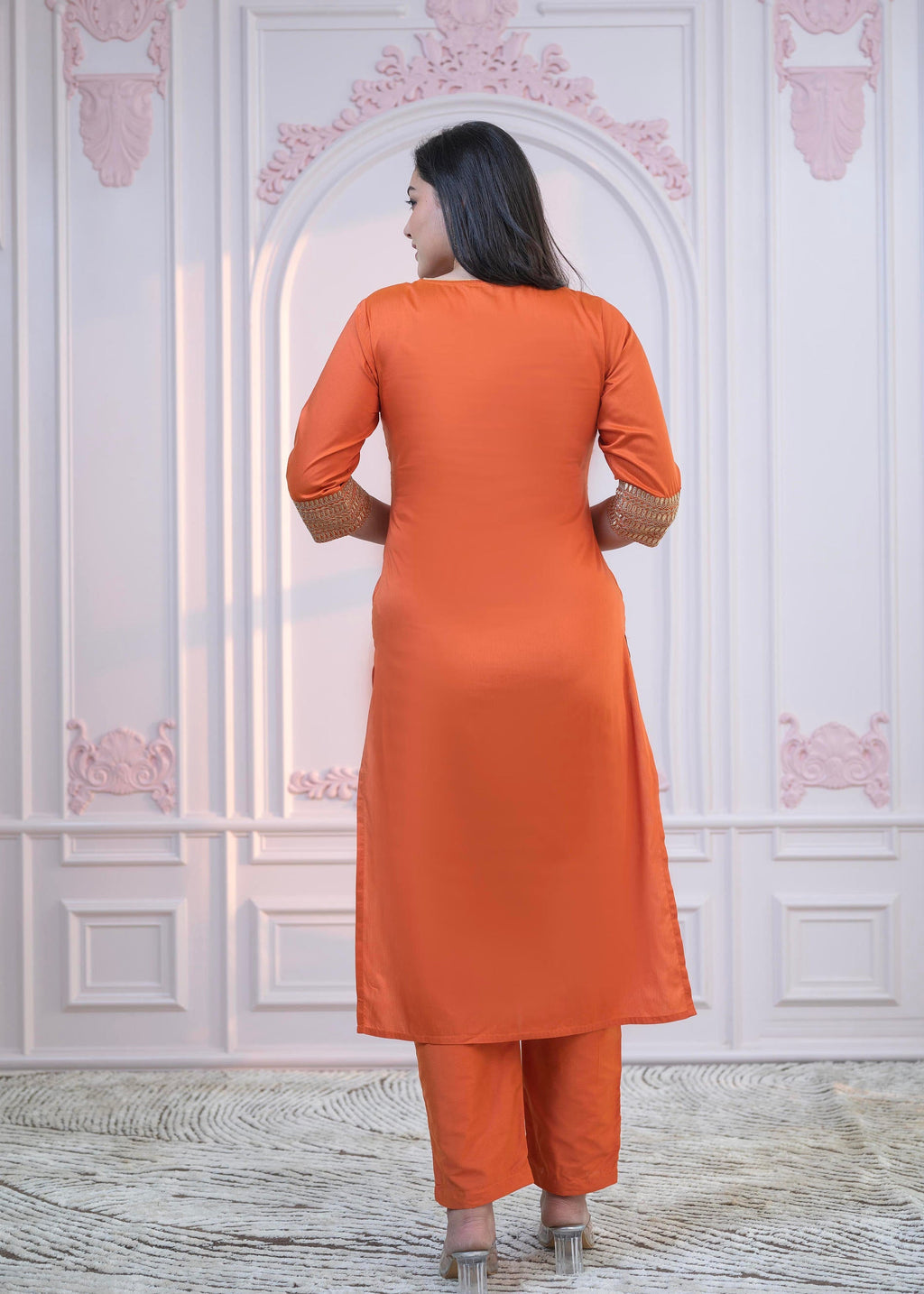 Juniper Orange Embellished Kurta Set with Net Dupatta and Mirror Embroidery