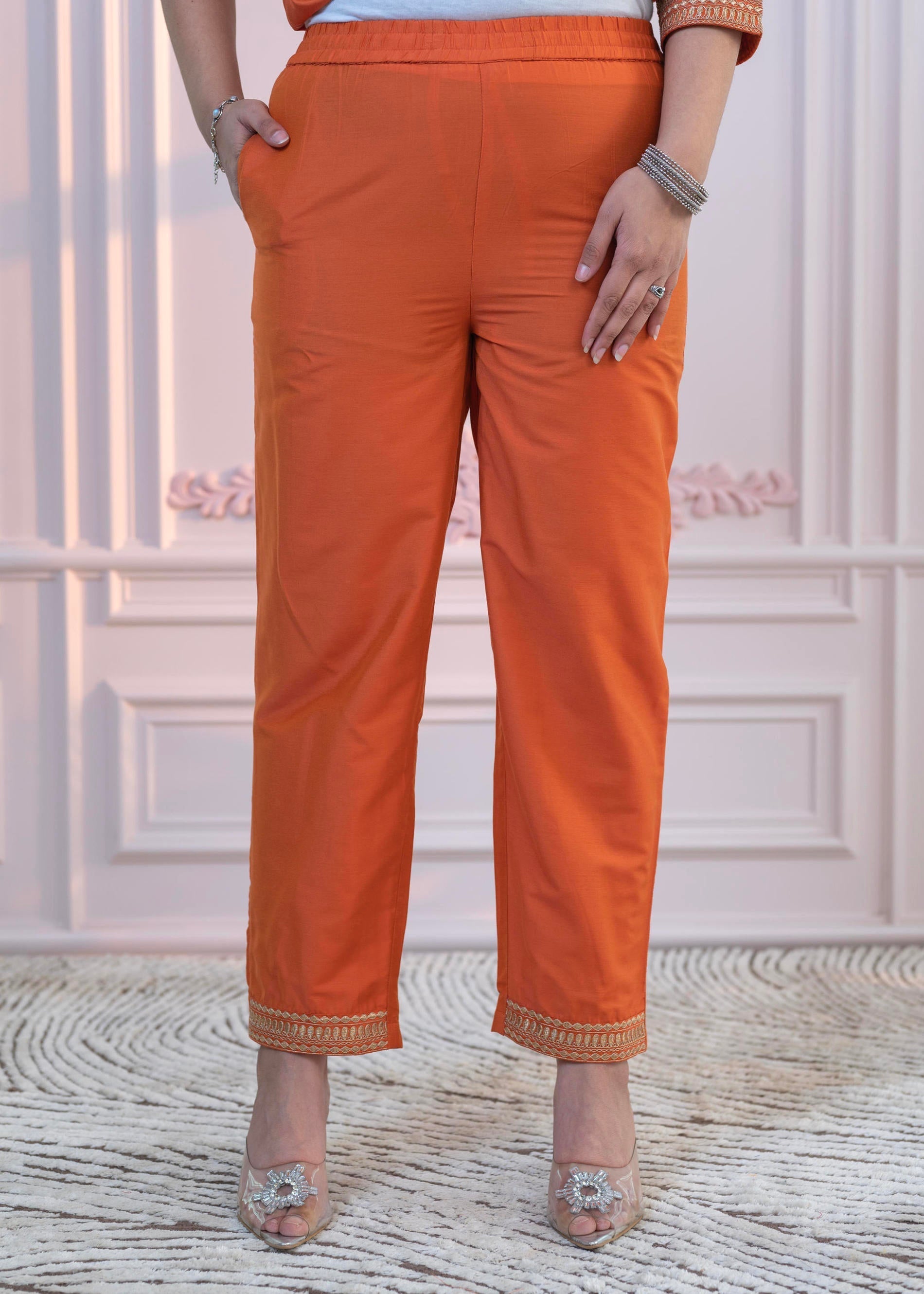 Juniper Orange Embellished Kurta Set with Net Dupatta and Mirror Embroidery