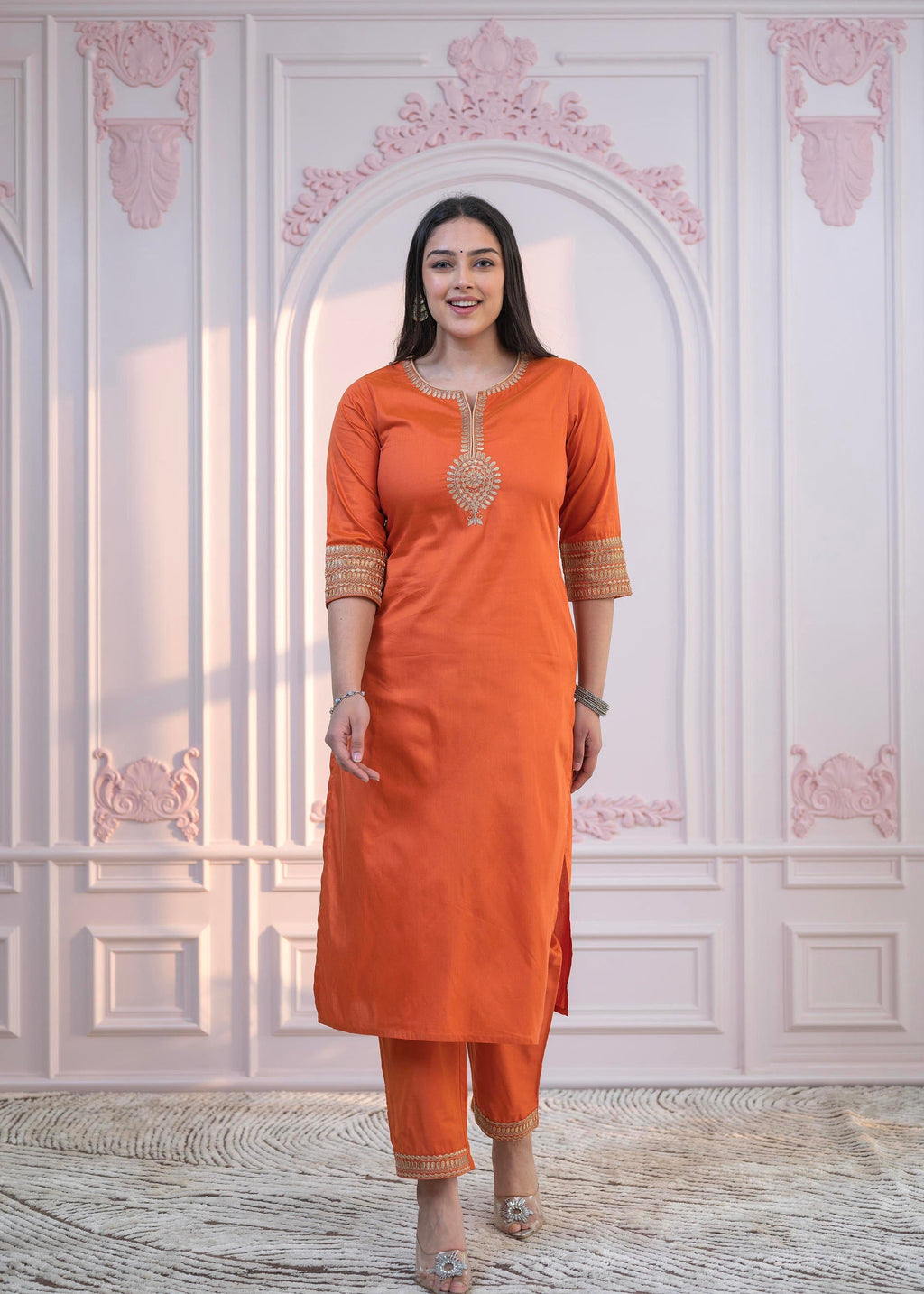 Juniper Orange Embellished Kurta Set with Net Dupatta and Mirror Embroidery