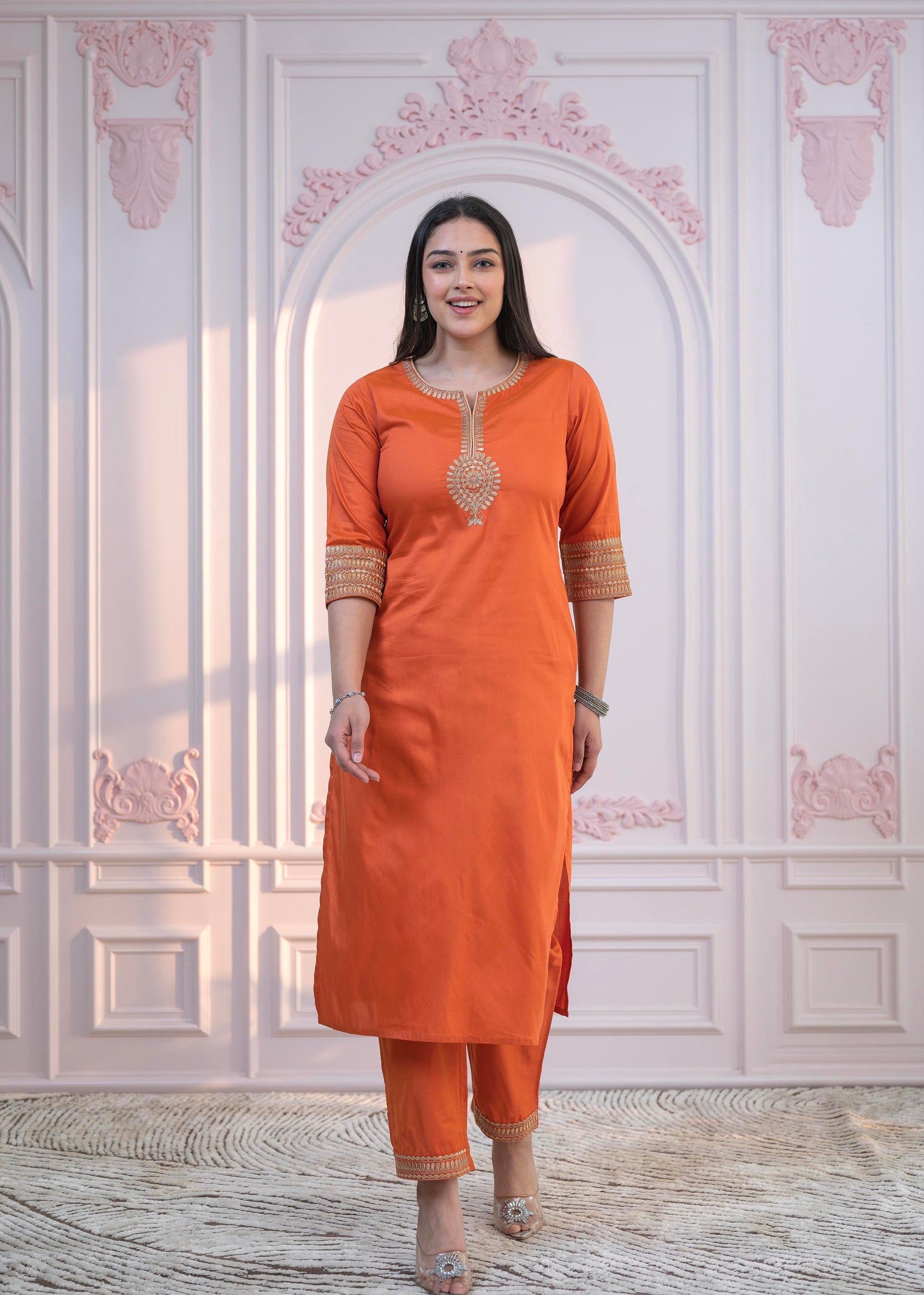 Juniper Orange Embellished Kurta Set with Net Dupatta and Mirror Embroidery