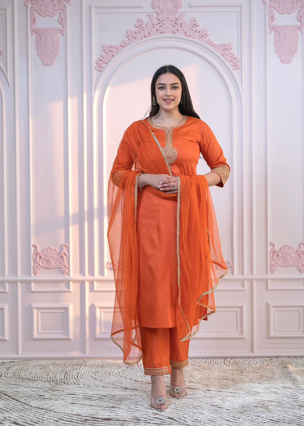 Juniper Orange Embellished Kurta Set with Net Dupatta and Mirror Embroidery