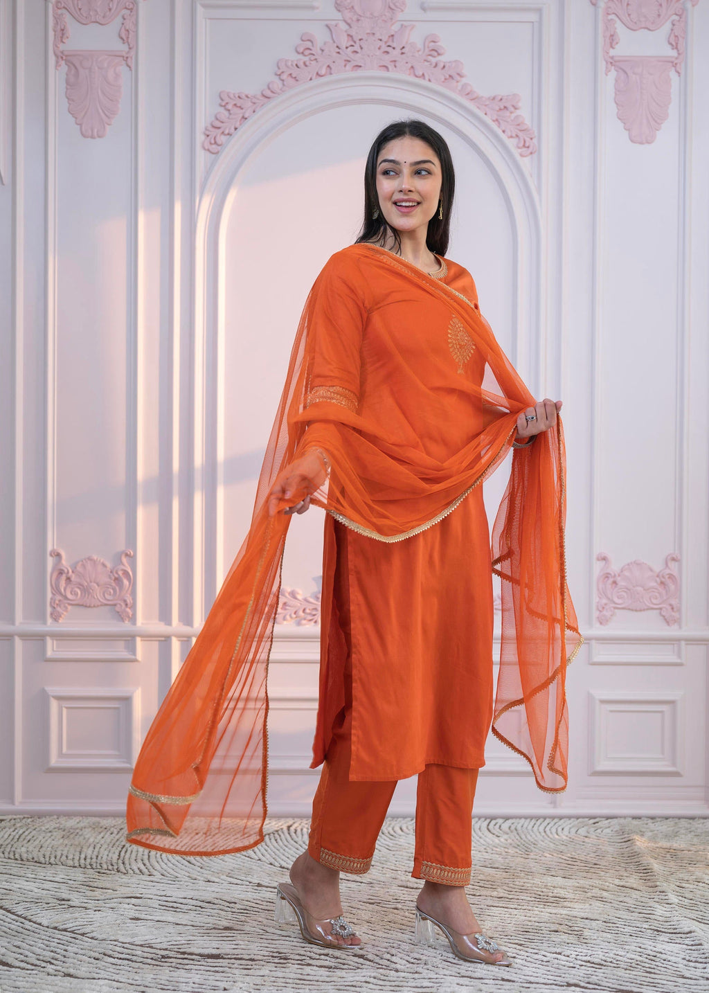 Juniper Orange Embellished Kurta Set with Net Dupatta and Mirror Embroidery