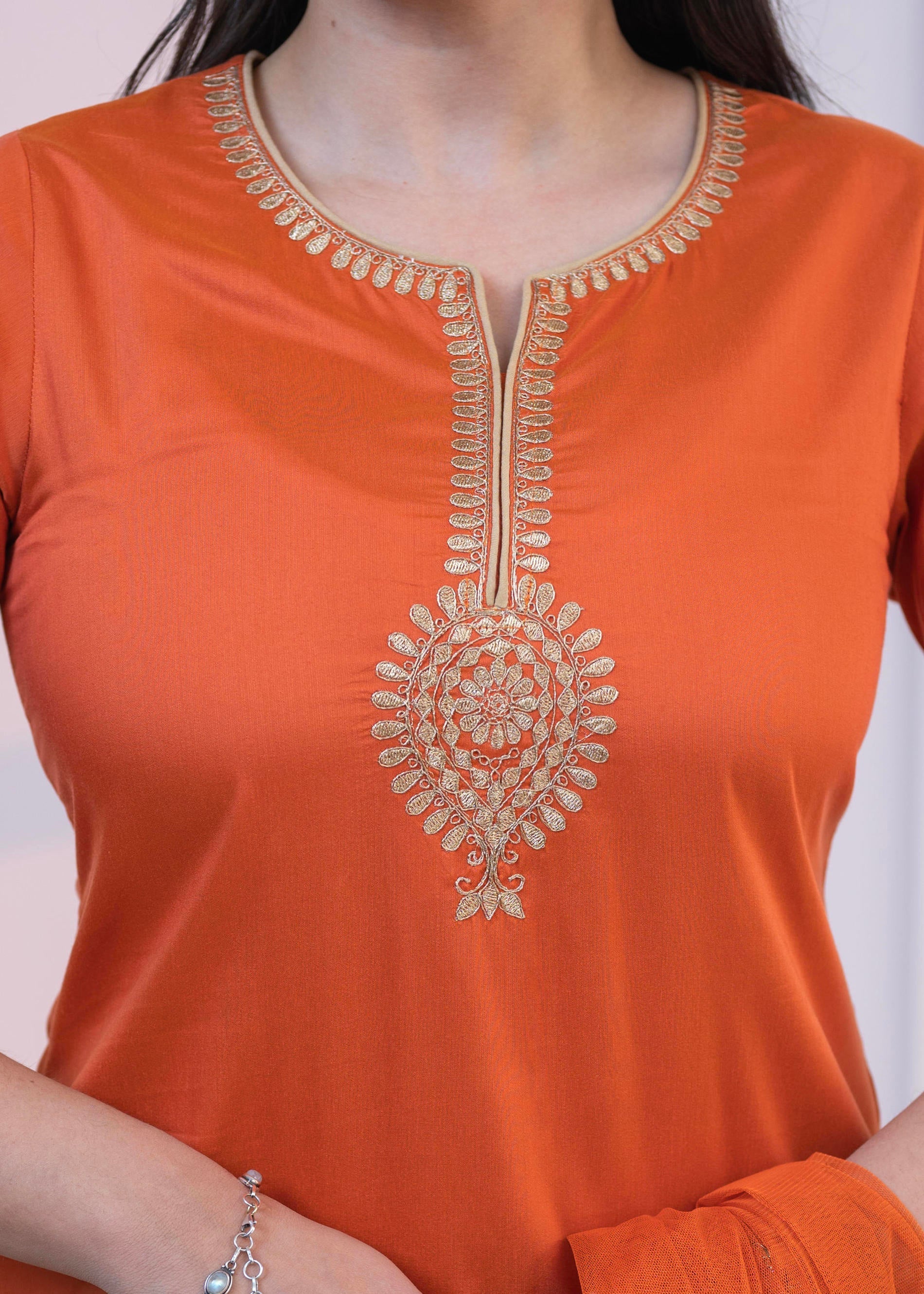 Juniper Orange Embellished Kurta Set with Net Dupatta and Mirror Embroidery