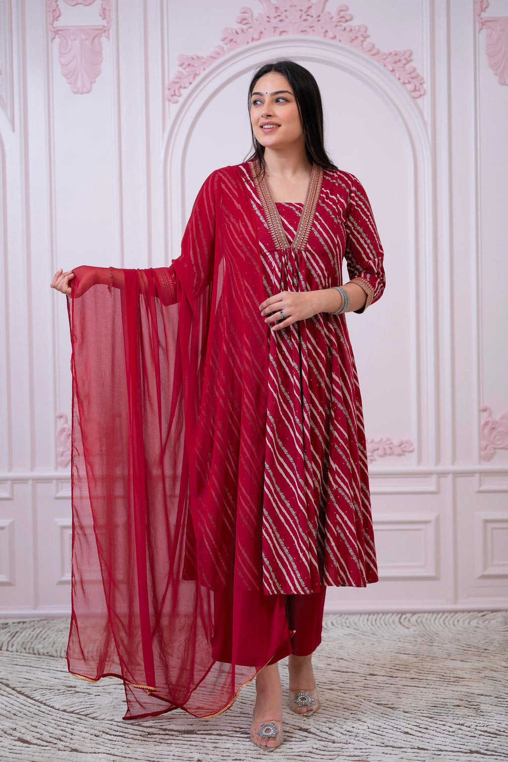 Juniper Maroon Angrakha-Style Kurta Set with Gota Work and Dupatta