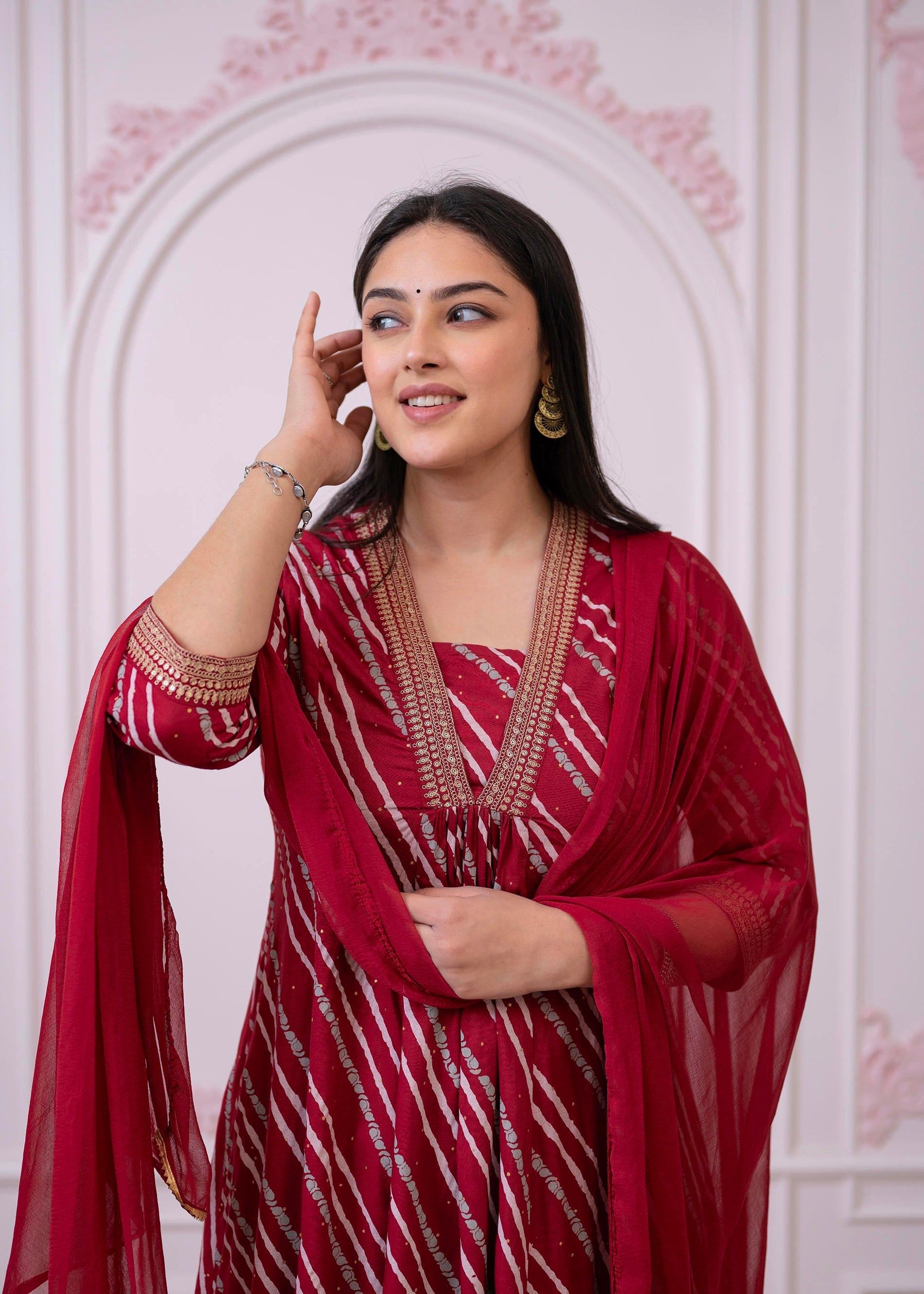 Juniper Maroon Angrakha-Style Kurta Set with Gota Work and Dupatta