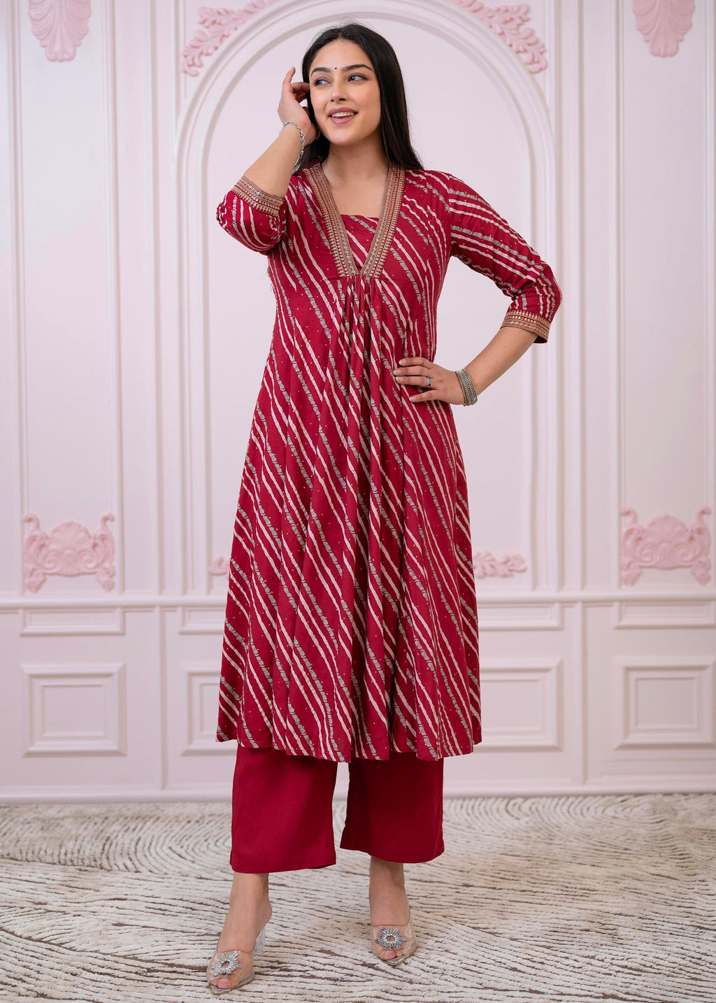 Juniper Maroon Angrakha-Style Kurta Set with Gota Work and Dupatta