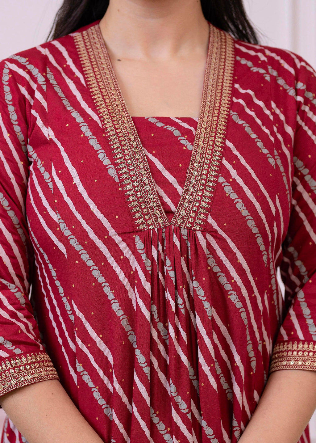 Juniper Maroon Angrakha-Style Kurta Set with Gota Work and Dupatta