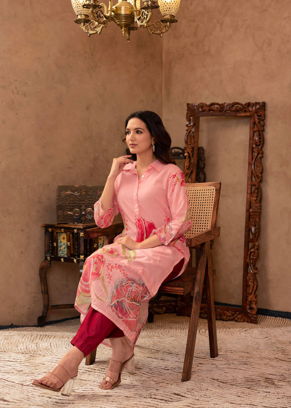 Juniper Pink Floral Printed Viscose Kurta with Button Detailing