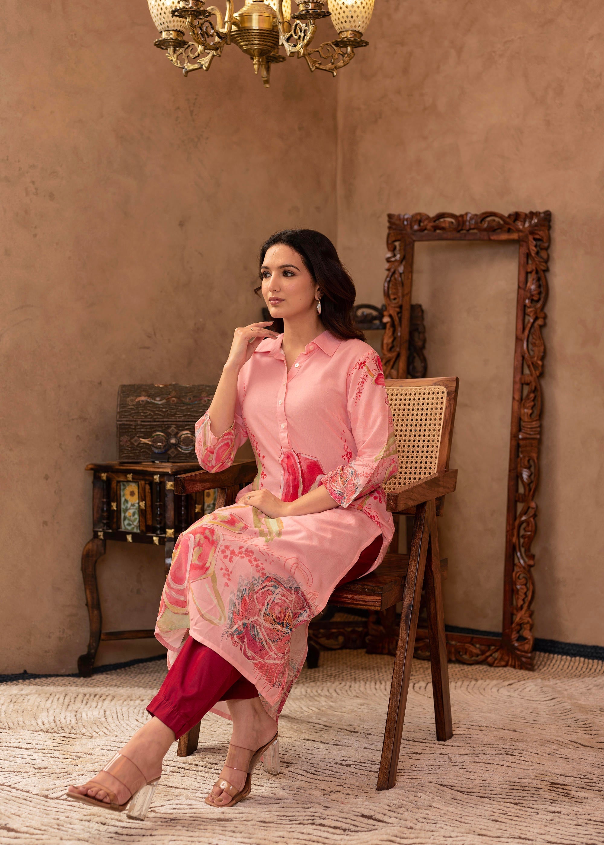 Juniper Pink Floral Printed Viscose Kurta with Button Detailing