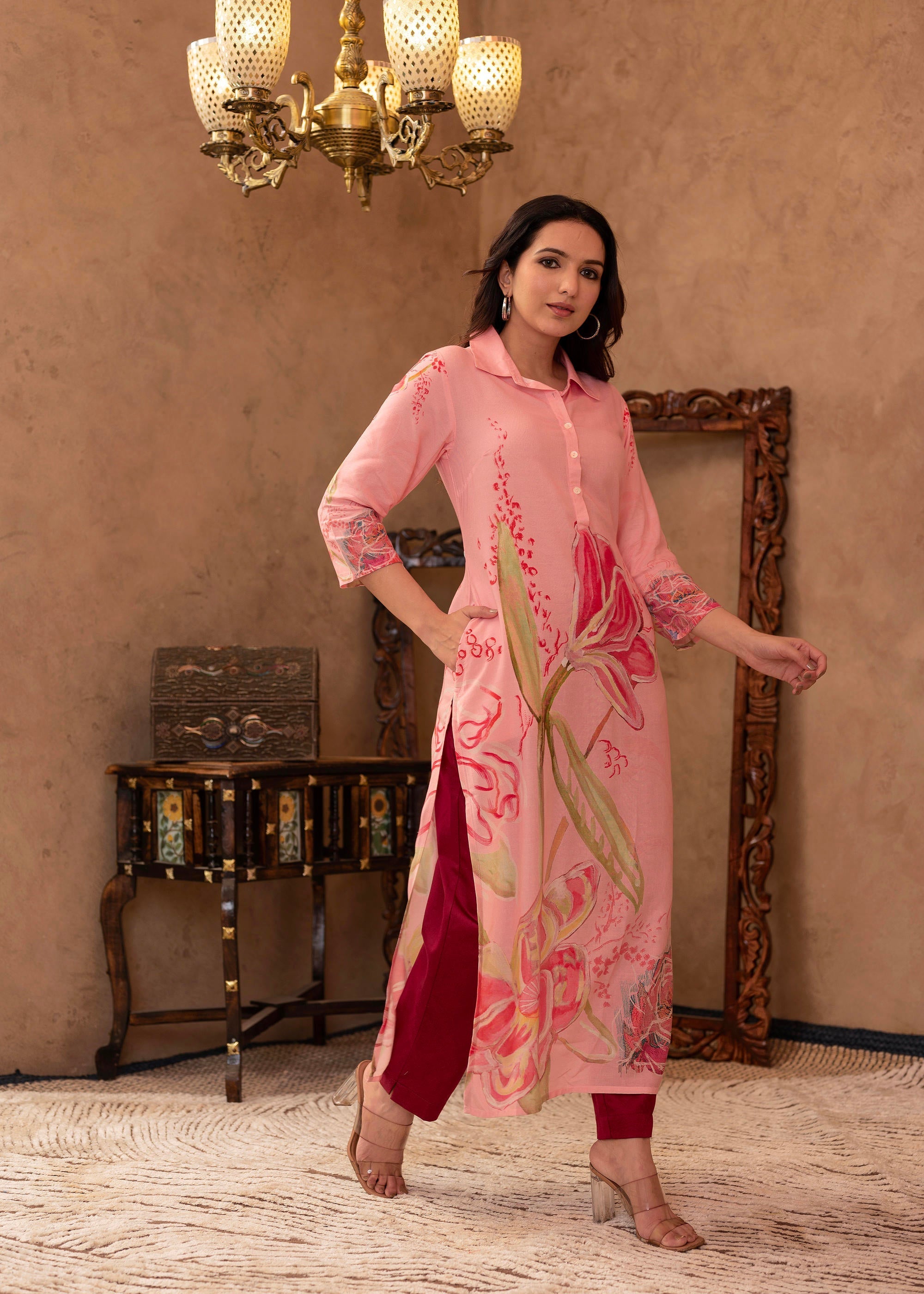 Juniper Pink Floral Printed Viscose Kurta with Button Detailing