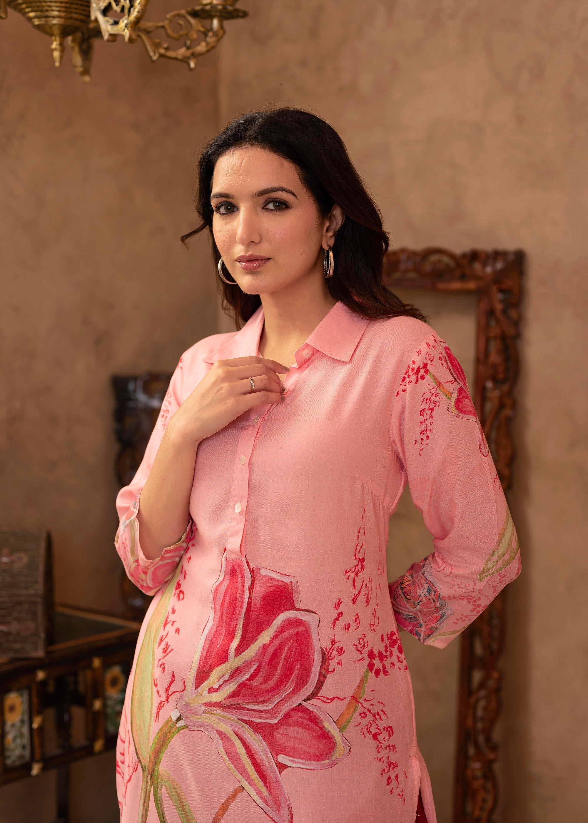Juniper Pink Floral Printed Viscose Kurta with Button Detailing