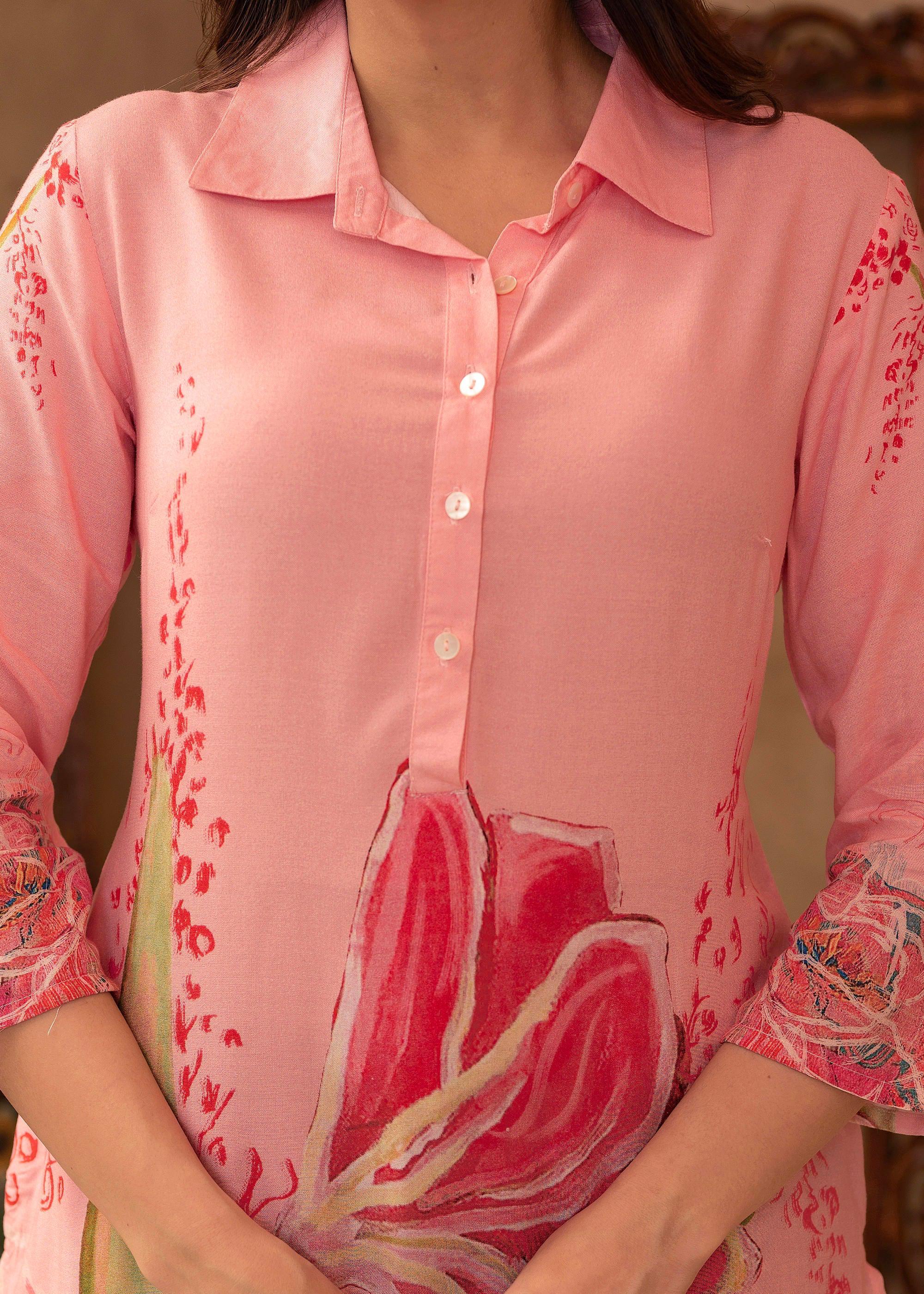 Juniper Pink Floral Printed Viscose Kurta with Button Detailing