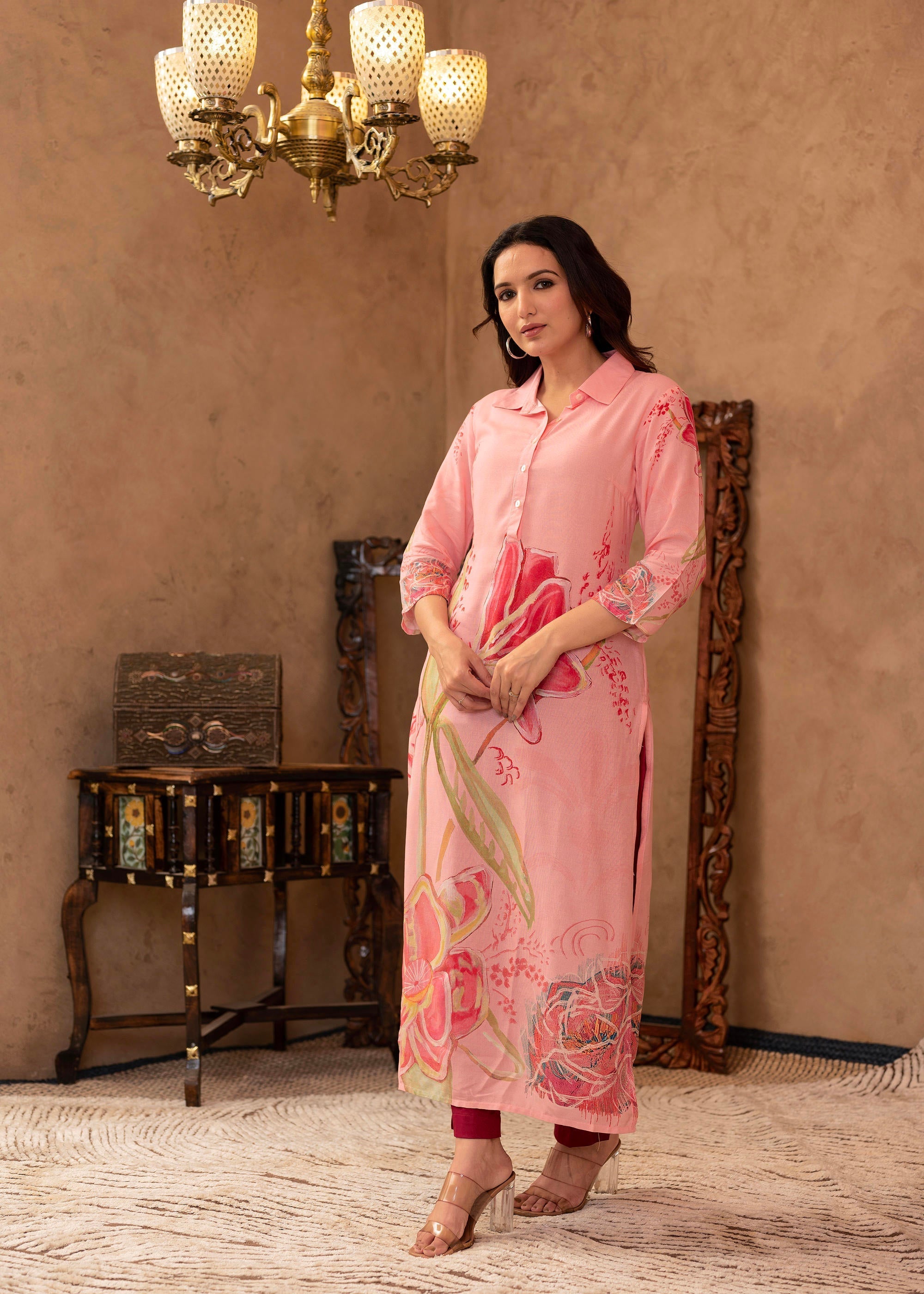 Juniper Pink Floral Printed Viscose Kurta with Button Detailing