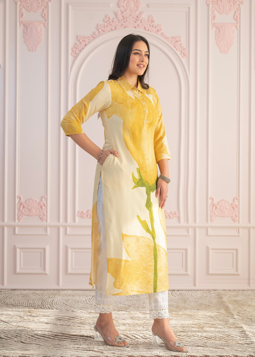 Juniper Yellow Floral Printed Viscose Kurta with Button Details