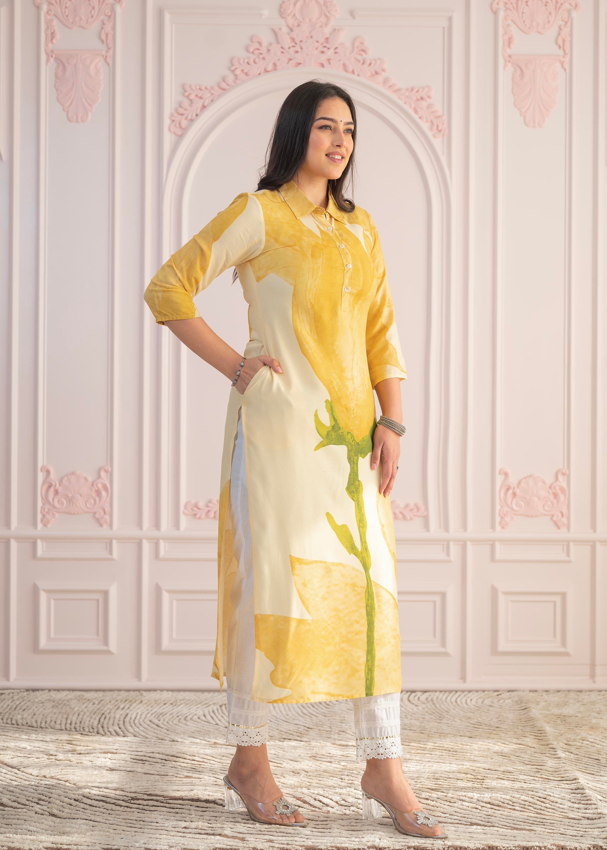 Juniper Yellow Floral Printed Viscose Kurta With Button Details