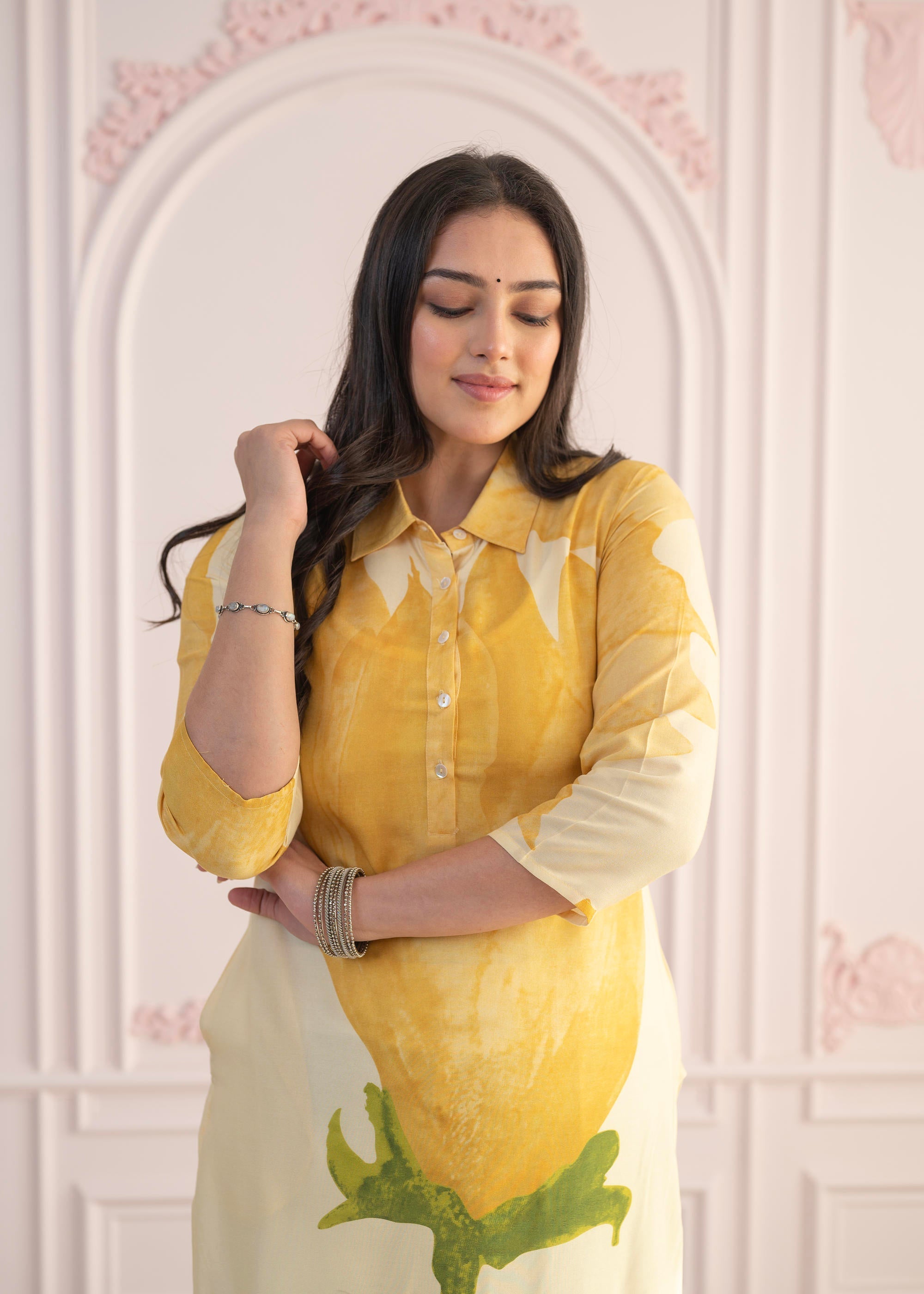 Juniper Yellow Floral Printed Viscose Kurta with Button Details