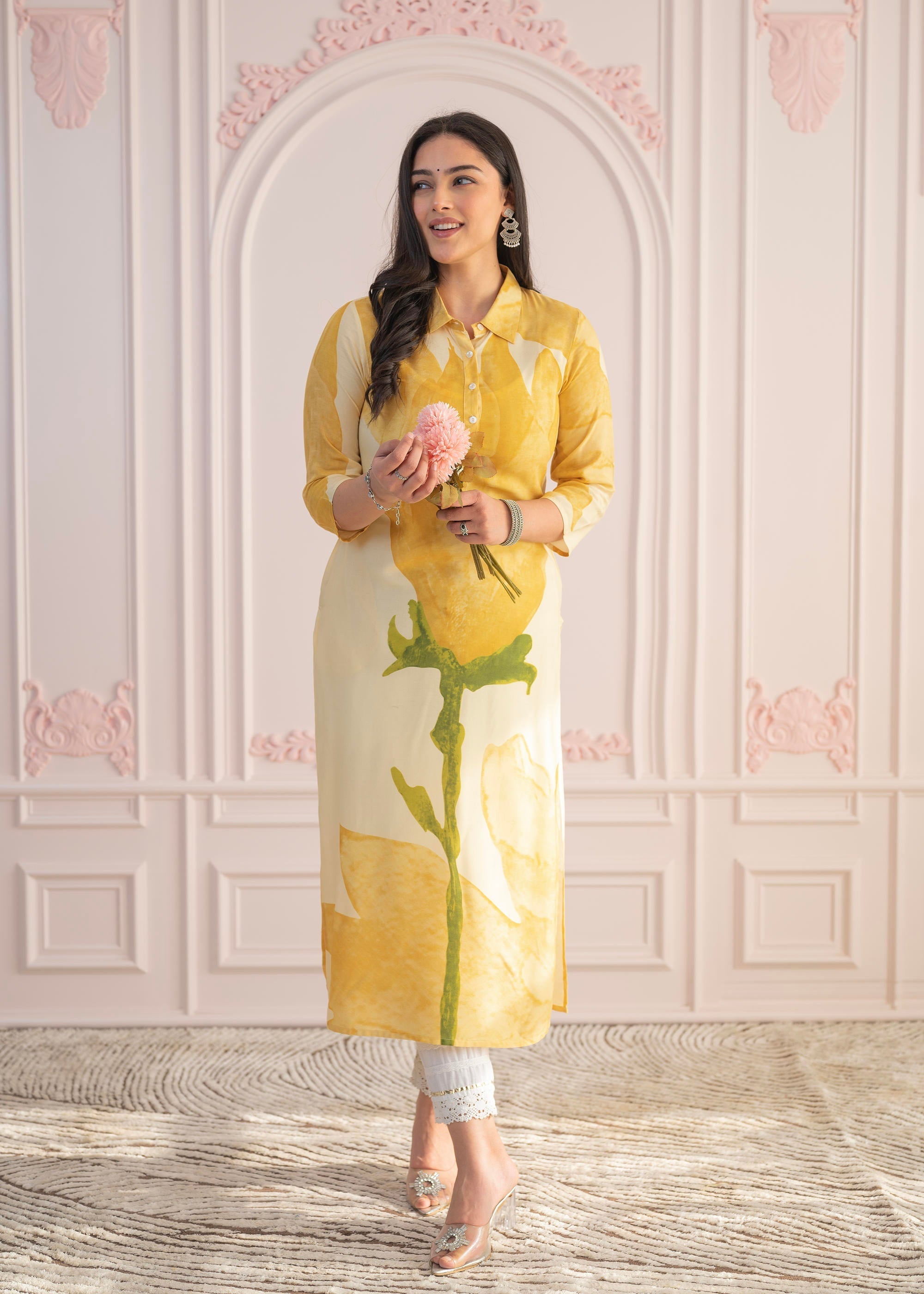 Juniper Yellow Floral Printed Viscose Kurta with Button Details
