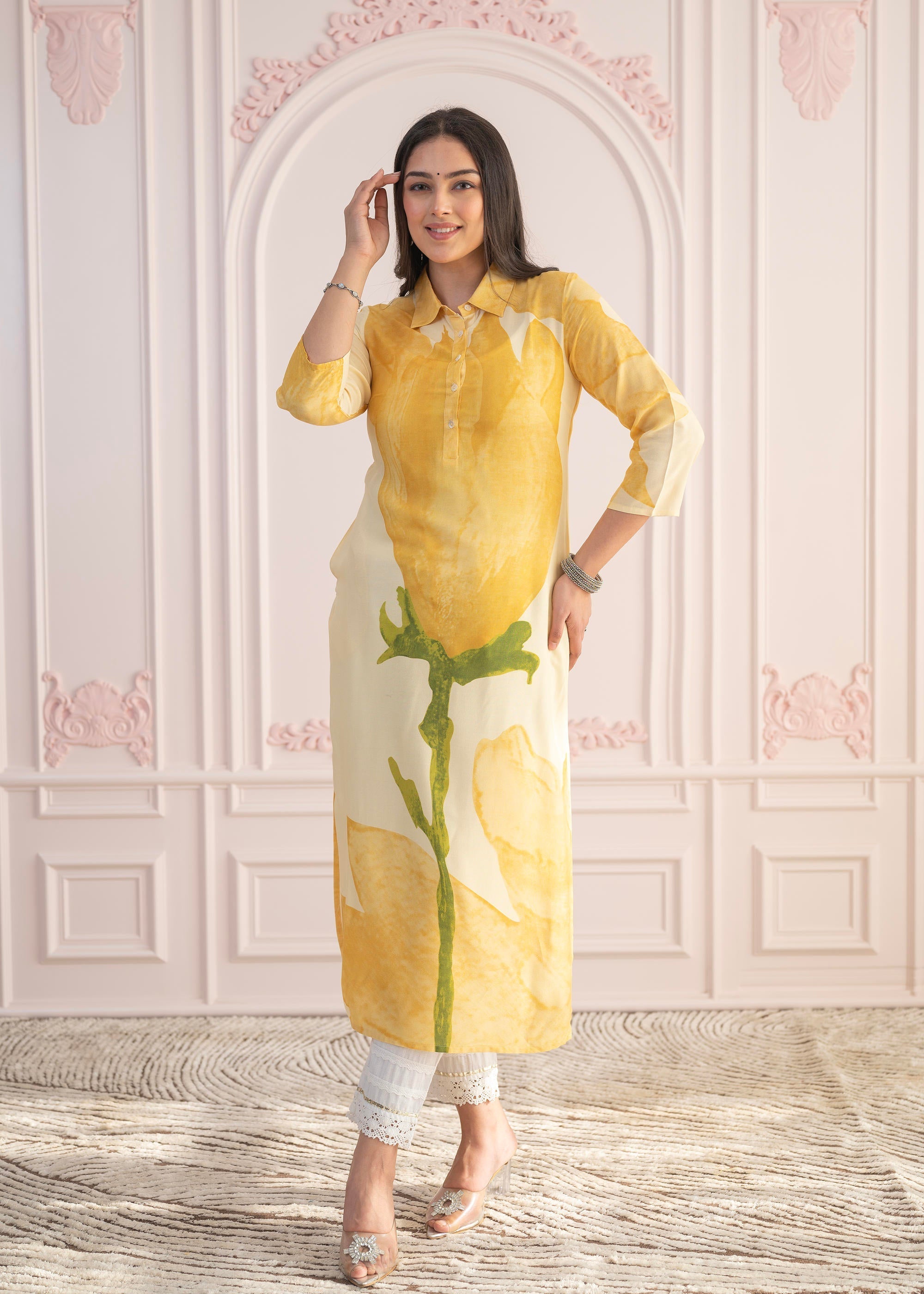 Juniper Yellow Floral Printed Viscose Kurta with Button Details