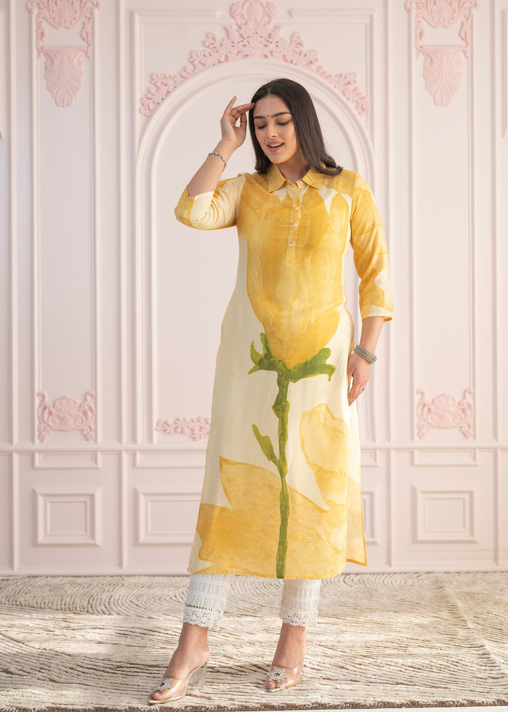 Juniper Yellow Floral Printed Viscose Kurta with Button Details