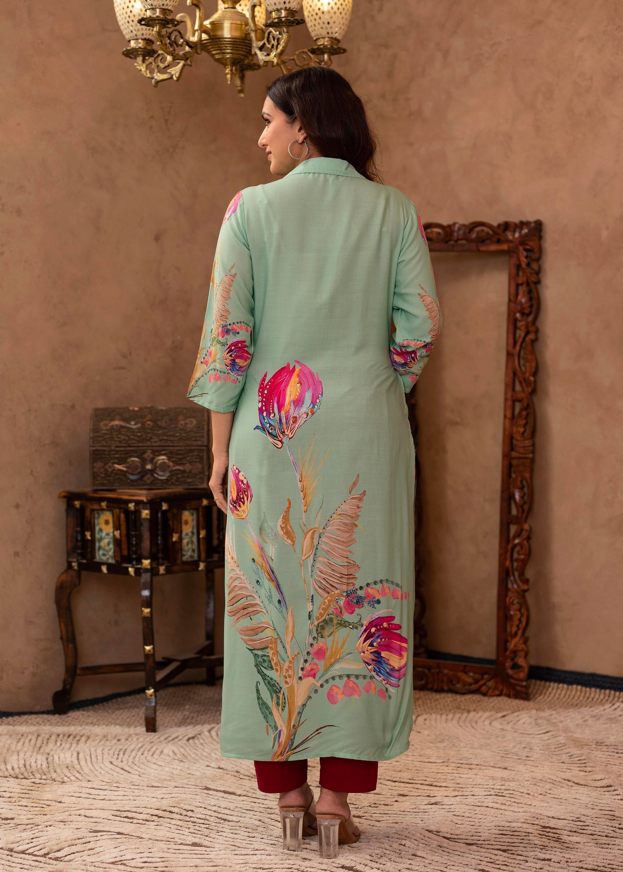 Juniper Mint Floral Printed Viscose Kurta with Shell Buttons
